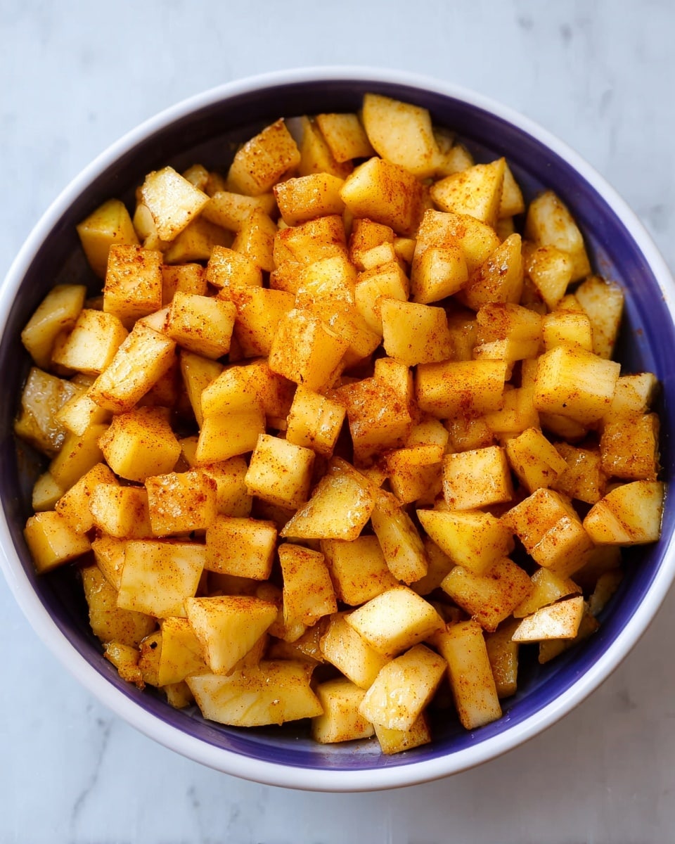 A white bowl filled with many pieces of cut apples that have a yellow color with an orange tint from cinnamon sprinkled on top, the apple pieces are small to medium size, rough rectangular and cubed shapes, and the bowl sits on a white marbled surface photo taken with an iphone --ar 4:5 --v 7