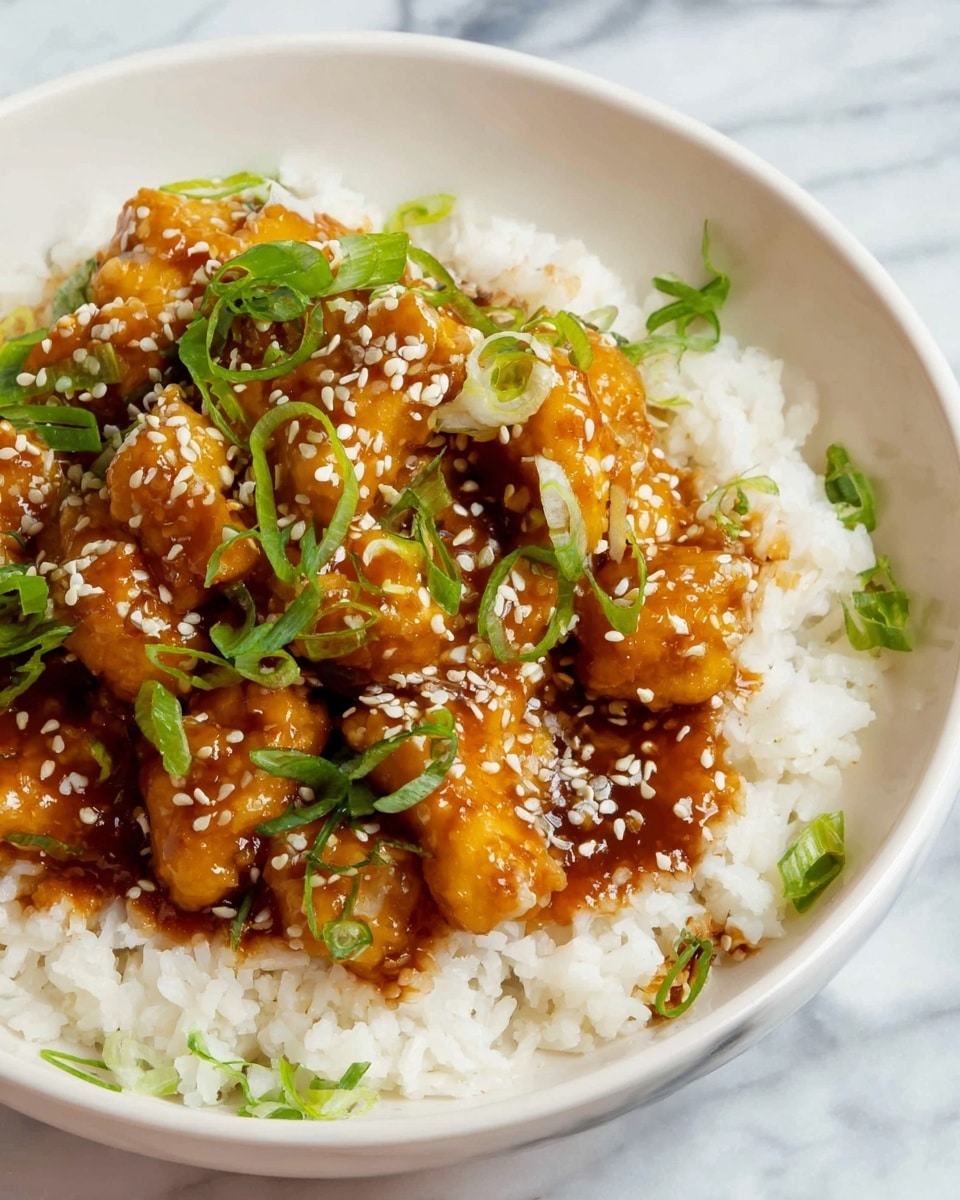 The image shows a white bowl filled with two main layers: the bottom layer is white rice with a soft texture, and on top of the rice is a layer of golden-brown glazed chicken pieces covered in a shiny, thick sauce. The chicken layer is sprinkled with small, light-colored sesame seeds and garnished with fresh green onion slices scattered on both the chicken and rice. The bowl sits on a white marbled surface. photo taken with an iphone --ar 4:5 --v 7