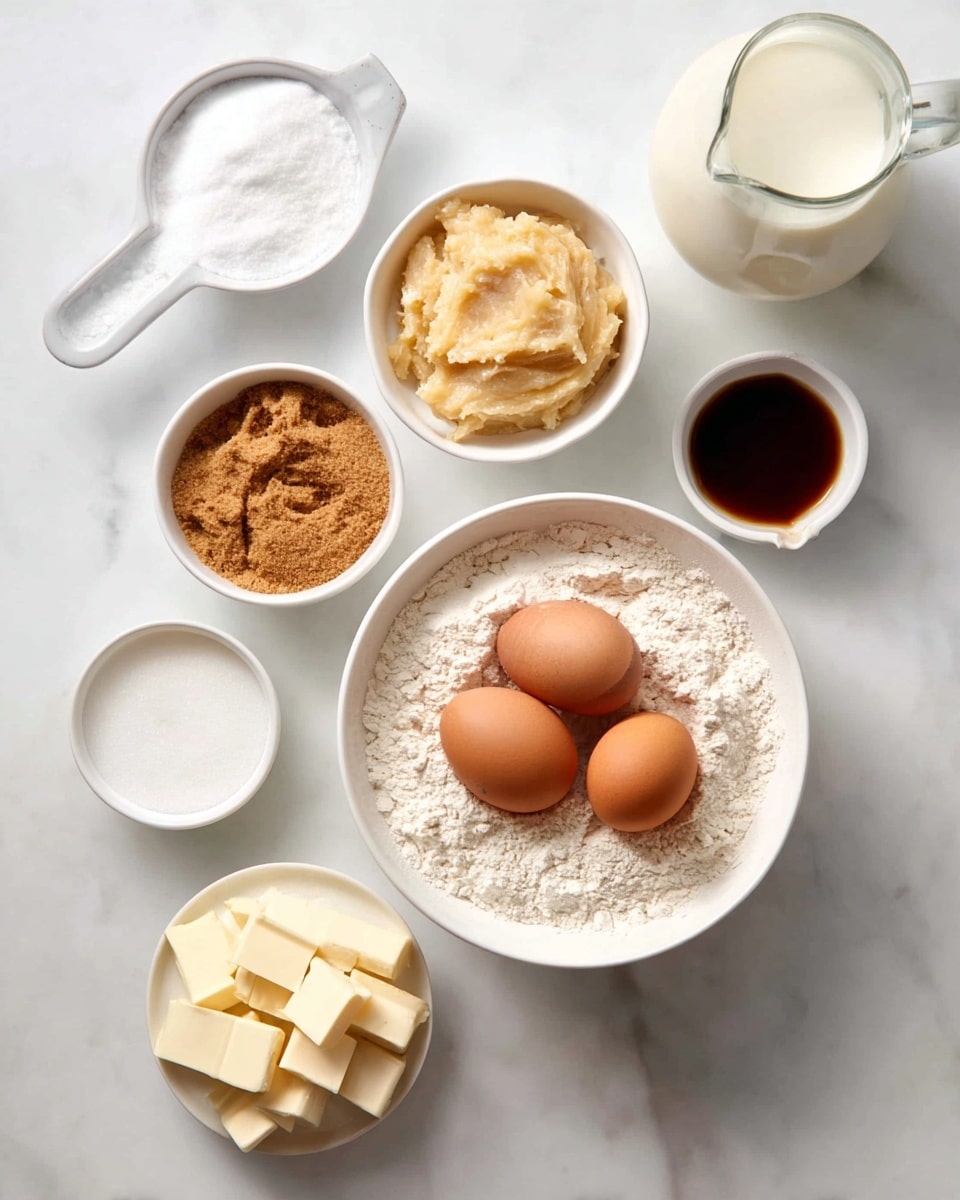 A white bowl filled with three brown eggs resting on top of a mixture of white flour and light brown spices sits on a white marbled background. Above this bowl is a small white bowl with a creamy mashed banana mixture. To the left, there is a small white measuring cup of white sugar, a small white bowl with white sour cream or yogurt, and a half-cup measuring cup filled with brown sugar. To the right of the mashed bananas, there are three cubes of pale yellow butter and a small white bowl of dark vanilla extract. At the top right corner, a white pitcher is filled with milk. All items are evenly spaced on the white marbled surface with soft natural lighting. photo taken with an iphone --ar 4:5 --v 7