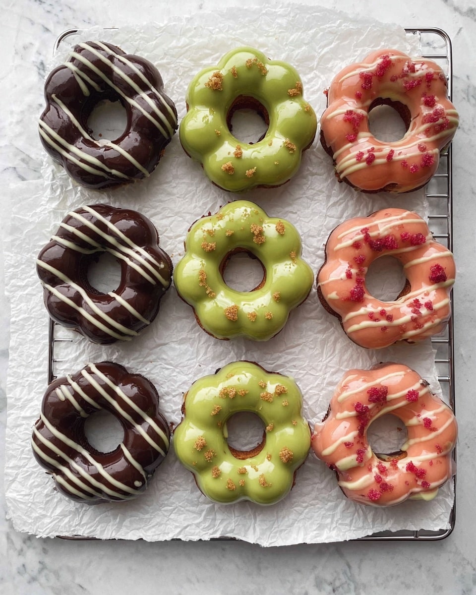 There are nine ring-shaped donuts with a bubble design placed on white crumpled paper on a cooling rack. Three donuts are green with a shiny, smooth glaze, topped with thin white icing lines and light brown crumbs sprinkled over. Four donuts are dark brown with a glossy chocolate glaze, decorated with white icing stripes on one side. The remaining three donuts are pink with a glossy surface, decorated with white icing lines and small pieces of red fruit on top. The donuts are arranged in three rows on a white marbled surface. photo taken with an iphone --ar 4:5 --v 7