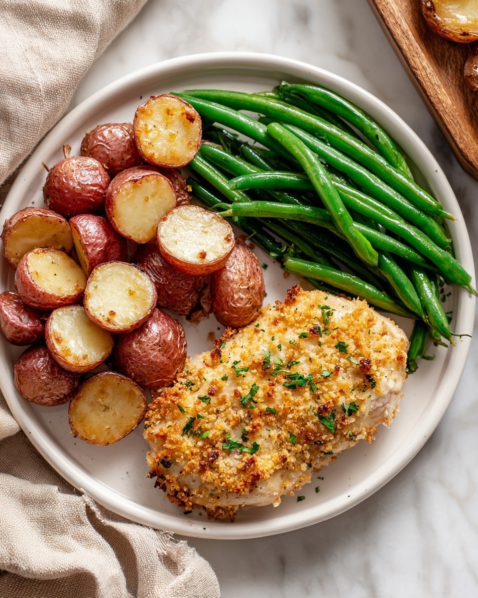 The image shows a white plate with three main parts: on the left side, there are small roasted red potatoes, halved, showing their golden inside and slightly crispy red skin; on the right side, a serving of shiny, cooked green beans is stacked neatly. In the center front sits a single piece of chicken covered with a golden-brown breadcrumb crust sprinkled with tiny bits of green herbs. The plate is on a white marbled surface with part of a beige cloth visible on the left side. Photo taken with an iphone --ar 4:5 --v 7