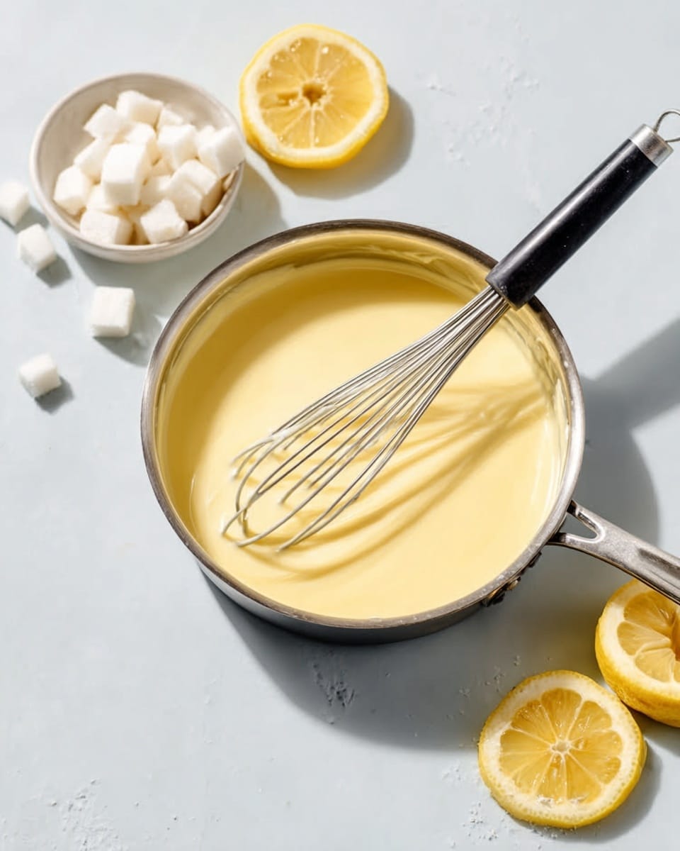 A shiny silver saucepan filled with smooth light yellow cream sits on a white marbled surface. Inside the saucepan, a black whisk rests on top of the creamy mixture with its handle angled to the right. Around the pan, there are two lemon halves showing their juicy insides and a small white bowl filled with white cubes, all against the white marbled background. The overall scene is bright with soft natural light highlighting the creamy texture of the mixture and the shiny metal of the pan. photo taken with an iphone --ar 4:5 --v 7