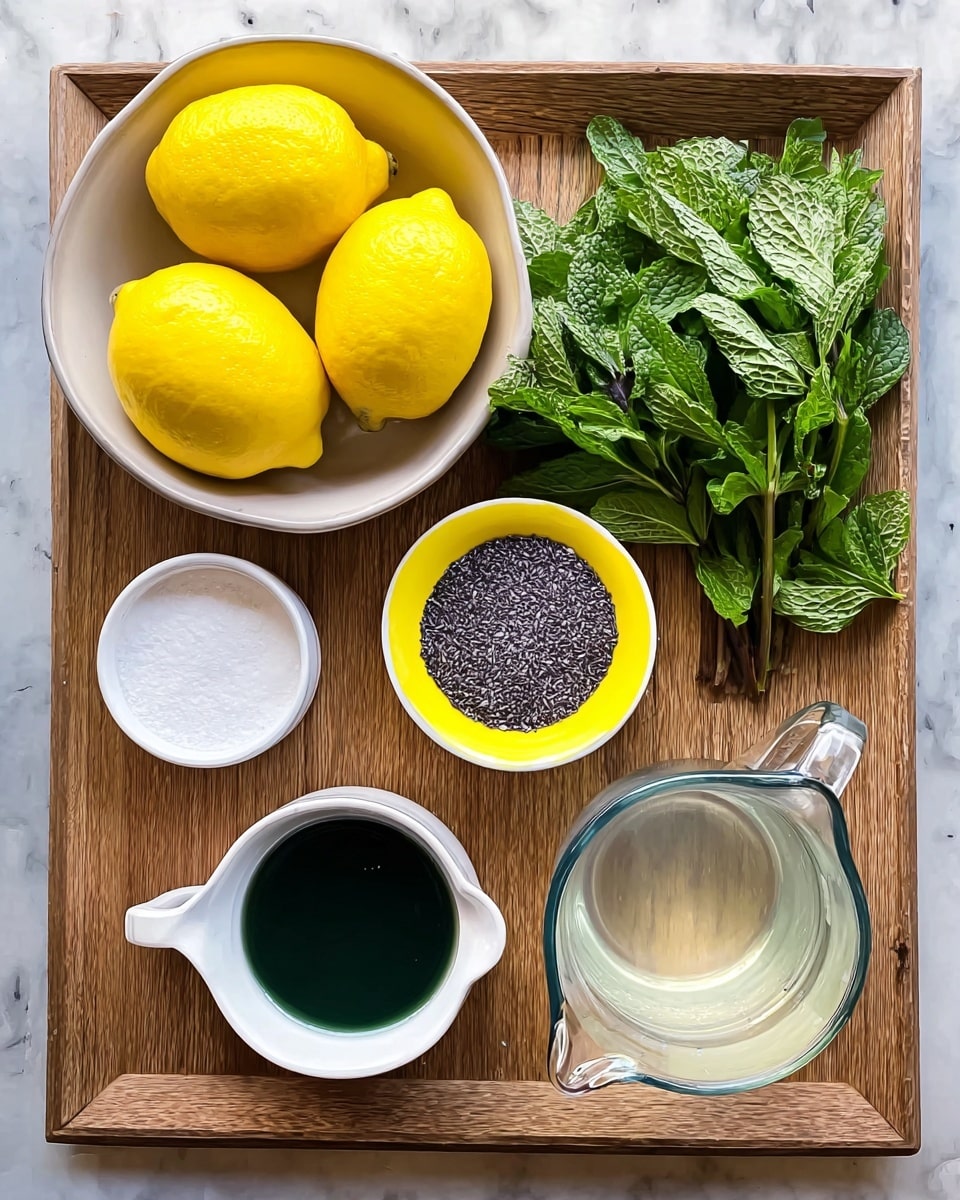 A top view of a wooden tray holding six ingredients arranged neatly: in the top left, a white bowl filled with bright yellow lemons; next to it on the right, a bunch of fresh green mint leaves with visible veins and texture; in the top right, a small white bowl with a yellow rim filled with small purple seeds or herb; on the bottom left, a white bowl containing a fine white powder, likely sugar; in the center bottom, a small white cup with a dark green liquid; and on the bottom right, a clear glass measuring jug with a handle, filled with a clear liquid, all placed on the tray with a white marbled surface background photo taken with an iphone --ar 4:5 --v 7