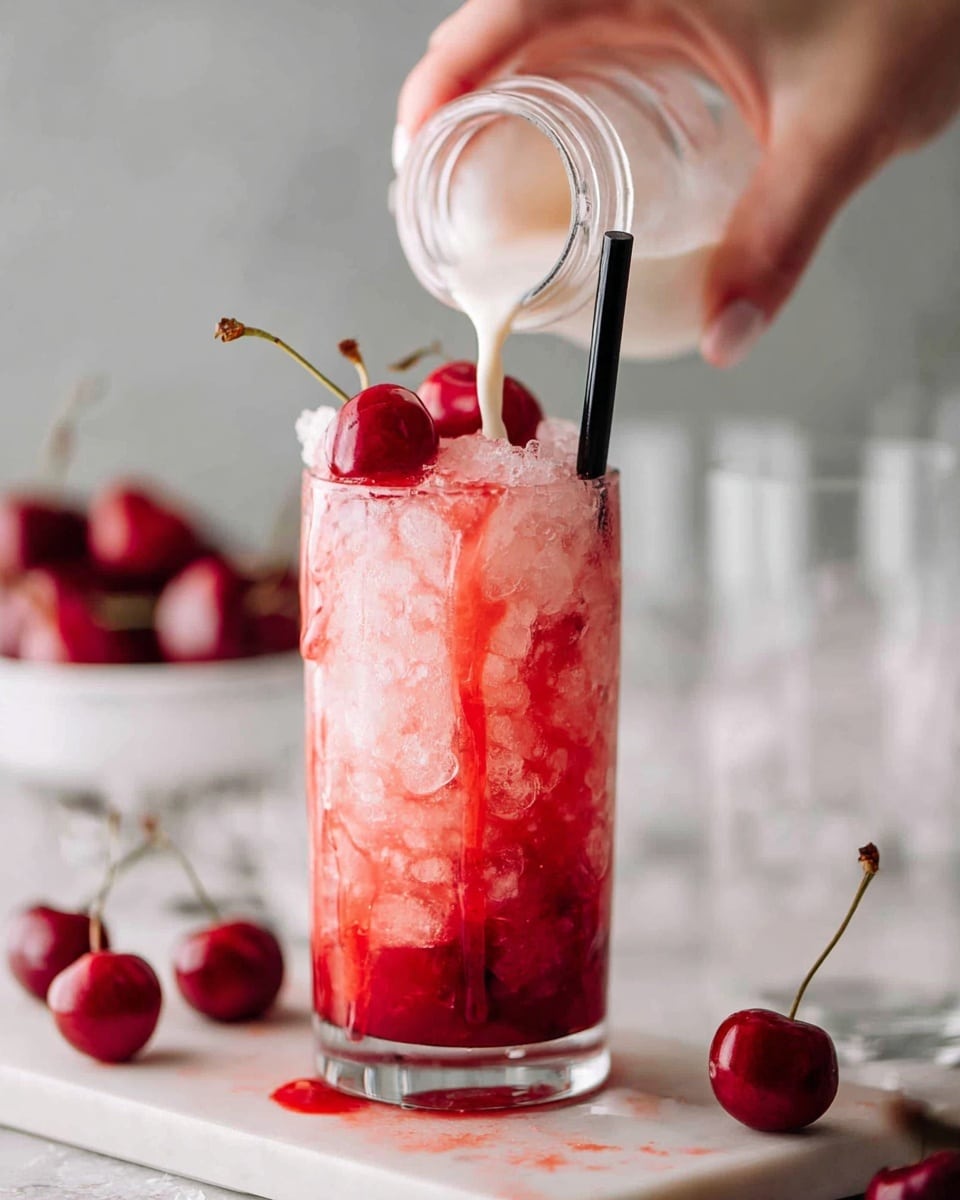A tall clear glass filled with crushed ice and bright red cherry syrup, with some cherry juice dripping down the sides; on top there are several red cherries with stems. A woman's hand is pouring a white creamy liquid from a small clear jar onto the ice and cherries. There is a black straw sticking out from the glass. The glass sits on a white marbled surface with a few cherries scattered around and out of focus glassware in the soft background. photo taken with an iphone --ar 4:5 --v 7