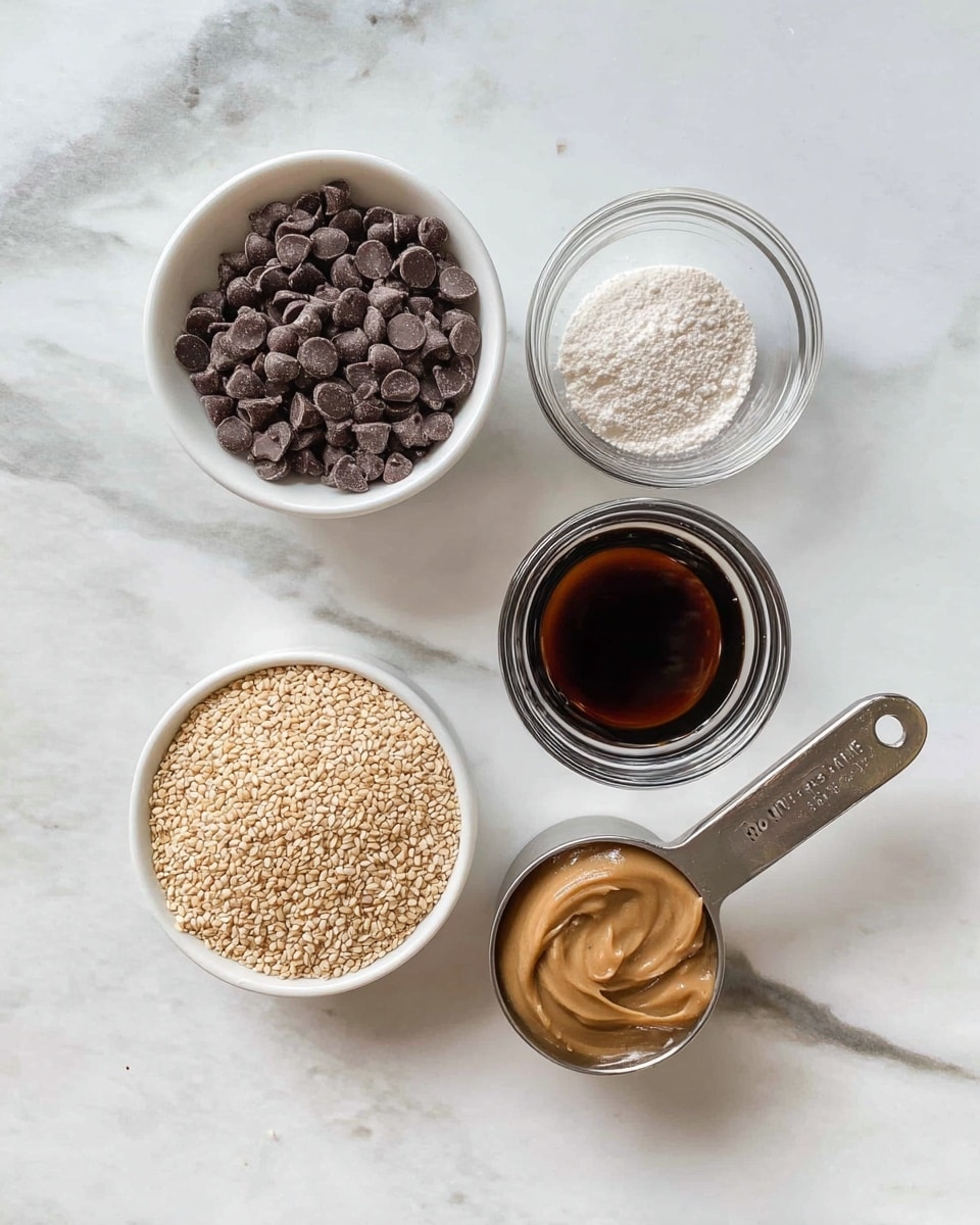 The image shows five ingredients arranged neatly on a white marbled surface: a white bowl filled with small dark brown chocolate chips at the top left, a small clear glass bowl with a white powder inside at the top right, below it a similar clear glass bowl with a dark brown liquid, on the bottom left a metal measuring cup filled with light tan sesame seeds, and next to it on the bottom right a metal measuring cup filled with a light brown thick paste. photo taken with an iphone --ar 4:5 --v 7