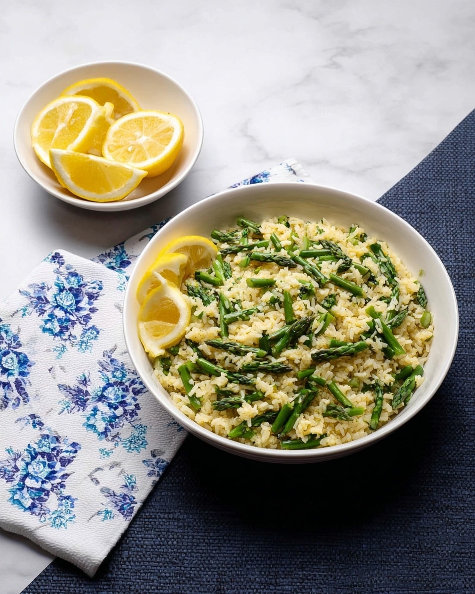 A white shallow bowl filled with two main layers: the bottom layer is light yellow rice mixed evenly with bright green chopped asparagus and thin green herbs, topped with two lemon wedges placed on the side of the bowl. Next to the bowl is a small white bowl containing four lemon slices, placed on a white marbled surface with a white napkin decorated with blue floral patterns. The overall image is bright and fresh, with focus on the natural colors of the food, photo taken with an iphone --ar 4:5 --v 7
