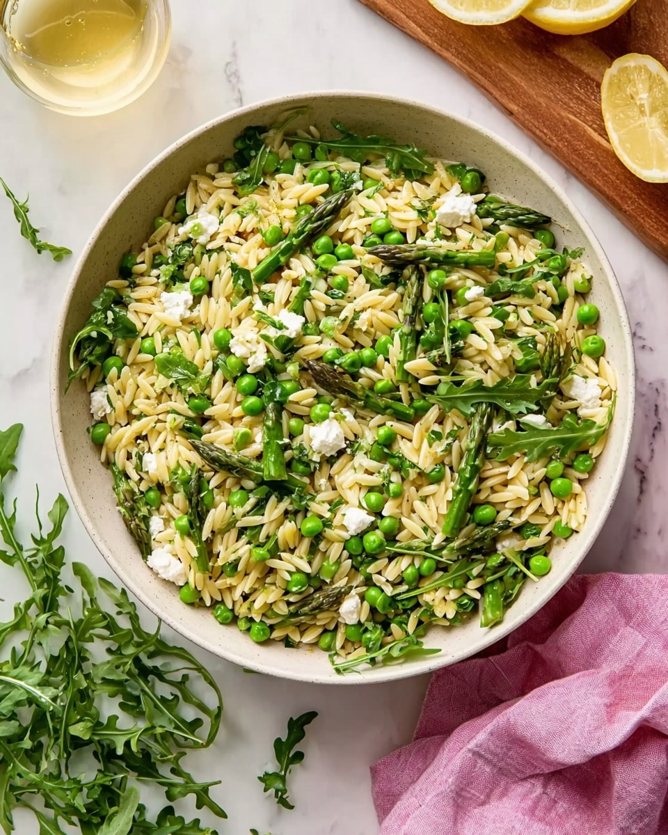 A large white bowl filled with a fresh salad that has several layers: the bottom layer is light yellow orzo pasta shaped like small grains, mixed evenly with bright green peas and green asparagus pieces that are cut and spread throughout. Scattered on top are small white chunks of soft cheese and fresh arugula leaves giving a mix of textures and color. The bowl sits on a white marbled surface with some arugula leaves around it, a pink cloth on the right, and a wooden cutting board with a lemon wedge on the top right. A glass of light yellow liquid is visible near the top left. The photo is taken with an iphone --ar 4:5 --v 7