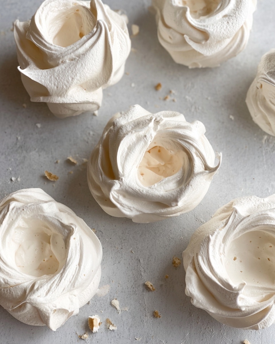 The image shows six pieces of white meringue with a crisp, light texture, each shaped like a round nest with a hollow center. The meringues have swirled tops with soft peaks and gentle folds, giving them a delicate, airy look. They are placed on a light grey textured surface with small crumbs scattered near one of the nests. The colors are mostly white and very pale beige, highlighting the smooth and slightly cracked edges of the meringue shells. photo taken with an iphone --ar 4:5 --v 7