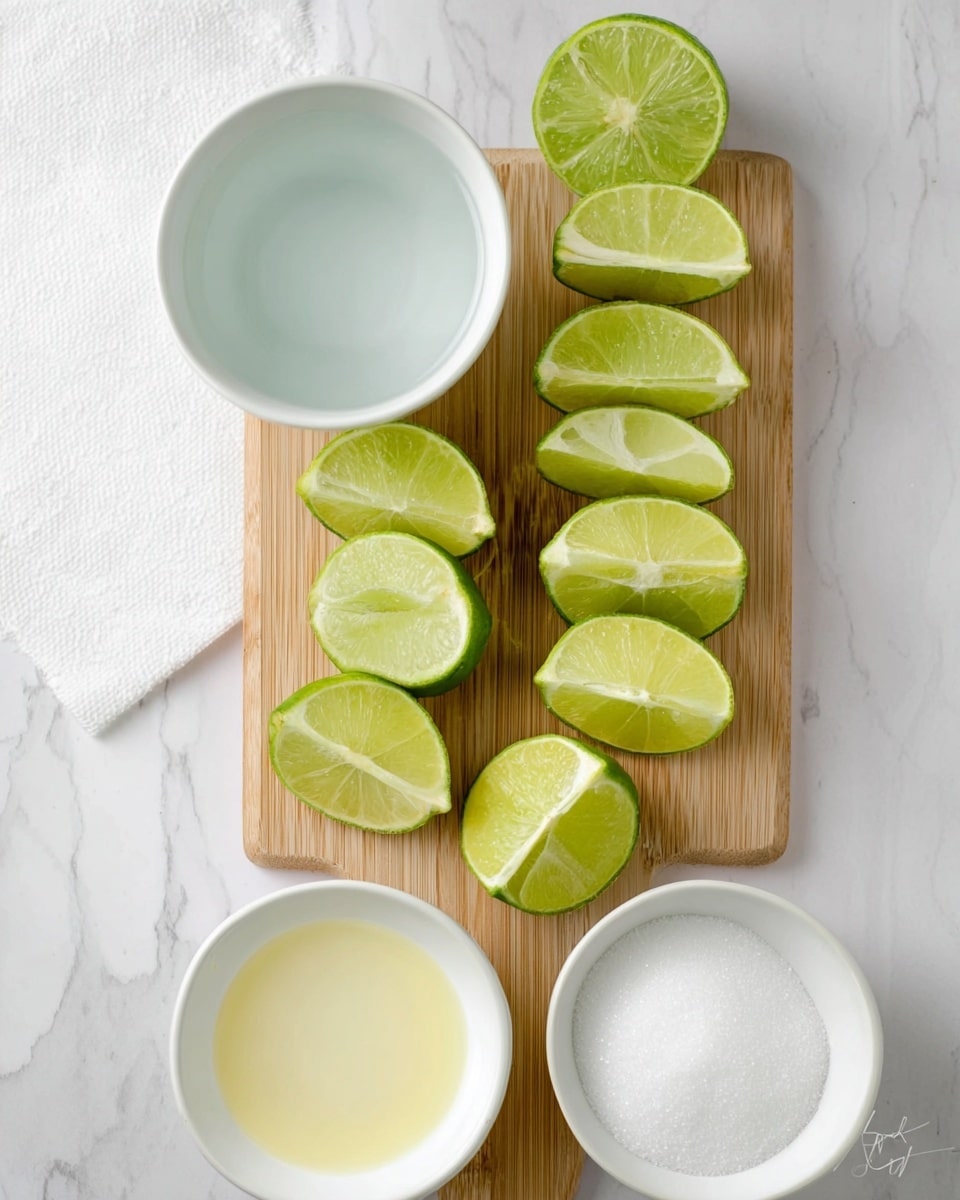 The image shows a wooden board on a white marbled surface with 14 lime wedges arranged in three rows. The wedges vary in size, some larger and some smaller, each displaying a fresh, light green color with juicy texture. Above the wooden board is a white bowl filled with clear water. Below and to each side of the wood, there are three white bowls: the one on the left has a pale yellow liquid, the one in the center beneath the board contains white granulated sugar, and the one on the right holds more white granulated sugar. A white paper napkin is placed to the left of the wooden board. photo taken with an iphone --ar 4:5 --v 7