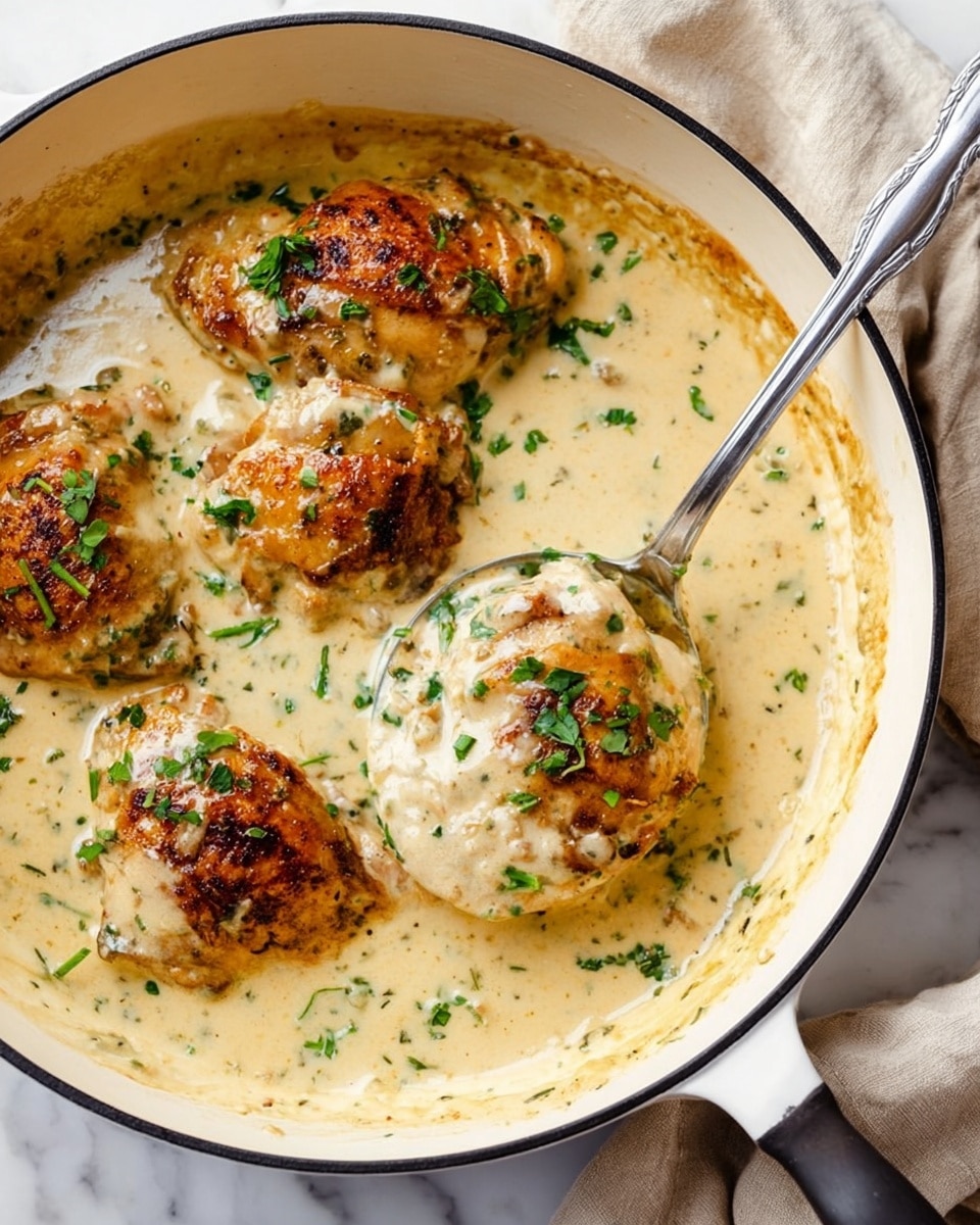 The image shows a white cast-iron pan filled with four browned chicken pieces covered in a thick, creamy light beige sauce with flecks of green herbs. The sauce looks smooth and velvety, slowly bubbling around the chicken. A silver spoon with a long handle is scooping up one chicken piece, revealing its golden, slightly crispy surface beneath the sauce. Small chopped parsley pieces are scattered on top, adding a touch of green color. The pan rests on a white marbled surface with a soft beige cloth partially visible nearby. Photo taken with an iphone --ar 4:5 --v 7