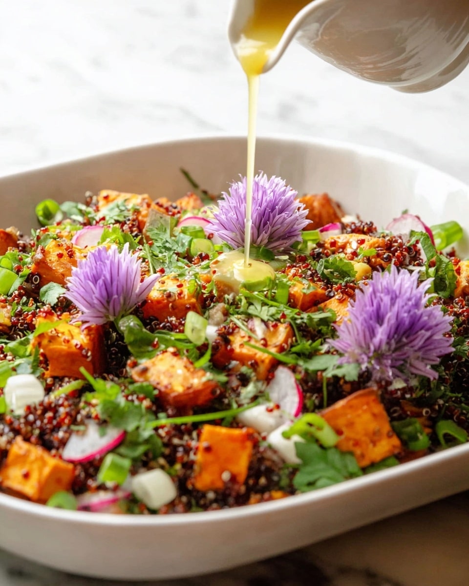 A white plate full of a colorful layered salad starts with a base of red quinoa grains, dark red and small, spread across the plate. On top, orange roasted cubed sweet potatoes add a soft texture, mixed with chopped green herbs like cilantro and spring onions, bright green and fresh. There are also pieces of cooked white onions and radishes, light in color, scattered around. Purple chive flowers add a bright pop, sitting on the salad and giving it a soft, spiky texture. A white pitcher is pouring golden dressing over the salad from the top right. The plate is on a white marbled surface. photo taken with an iphone --ar 4:5 --v 7