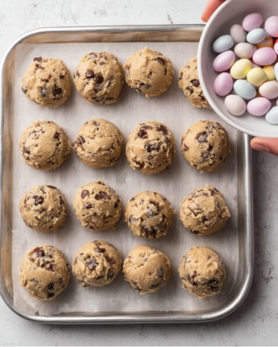The image shows fifteen round scoops of cookie dough arranged neatly on a large silver tray. Each dough ball is light brown with visible dark chocolate chunks mixed throughout, giving a textured and slightly rough look. In the top right corner, a woman's hand holds a white bowl filled with pastel-colored small round candies resting on a white marbled surface. The overall feel is clean and organized, focusing on the dough balls and the hint of colorful candies above. photo taken with an iphone --ar 4:5 --v 7