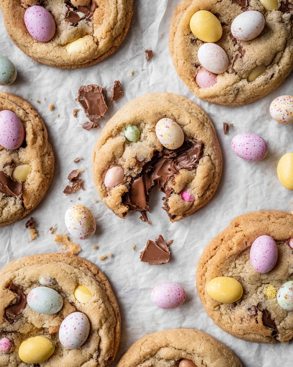 The image shows soft, thick cookies laid out on a white marbled surface covered with white parchment paper. Each cookie has a golden brown base with a slightly rough texture and is topped with colorful, speckled candy eggs in pastel pink, yellow, and white shades. Some of the candy eggs are whole, while others are broken, revealing a smooth, chocolate inside. One cookie in the center is broken in half, showing a melty, rich chocolate layer inside. Scattered candy eggs and broken pieces surround the cookies, adding a playful touch to the arrangement. photo taken with an iphone --ar 4:5 --v 7
