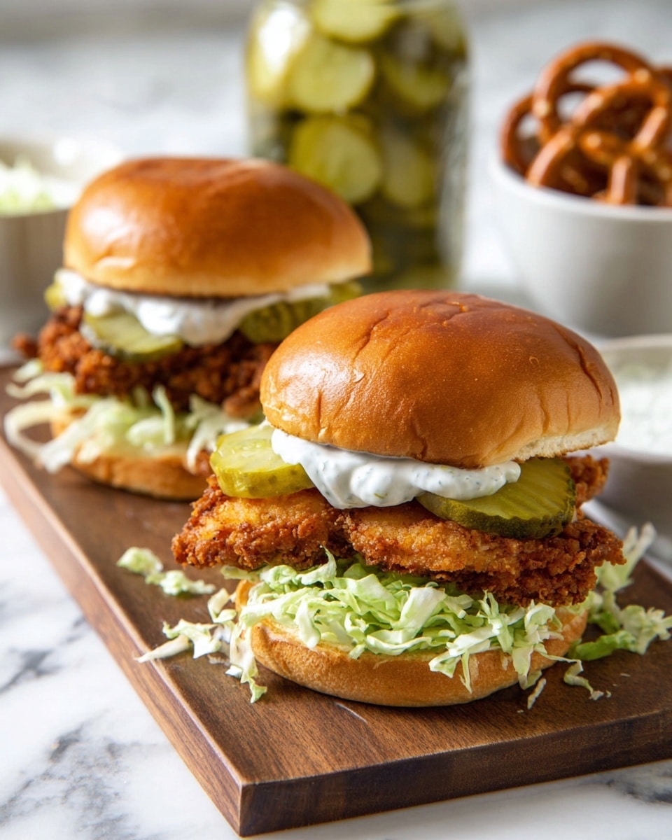 Two crispy fried chicken sandwiches sit on a wooden board over a white marbled surface. Each sandwich has a soft, golden brown bun on top with a thick layer of white creamy sauce underneath. Below the sauce are bright green pickles, and underneath them, a large piece of crunchy, dark golden fried chicken. At the bottom are fresh, shredded pale green lettuce over another layer of white sauce. In the background, there is a jar filled with more pickles and a white bowl full of pretzels. photo taken with an iphone --ar 4:5 --v 7