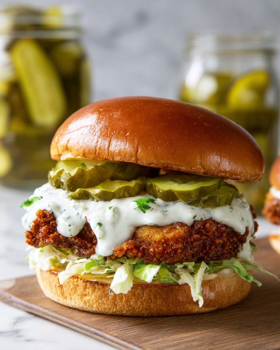 This image shows a sandwich with four visible layers. The bottom layer is a soft brown bun, on top of which is a layer of shredded pale green lettuce mixed with white sauce. Above that is a crispy fried brown patty with a rough texture. On the patty are several wavy green pickle slices topped by white creamy sauce with herbs. The sandwich is completed with a shiny, smooth, golden brown top bun. In the background, there is a glass jar filled with green pickles on a white marbled surface. photo taken with an iphone --ar 4:5 --v 7