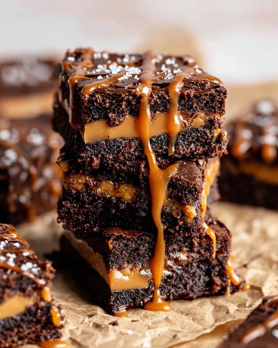 The image shows a stack of three thick, dark brown brownie squares with a dense and slightly crumbly texture. Between each brownie layer is a smooth, light brown caramel filling, adding contrast and richness. The top brownie is decorated with caramel drizzles dripping down the sides and sprinkled lightly with coarse white sea salt for texture. The brownies are placed on crinkled parchment paper on a white marbled surface, with additional blurred brownies in the background. Photo taken with an iphone --ar 4:5 --v 7