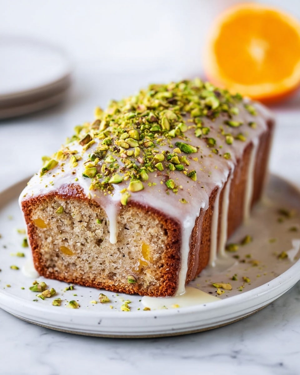 The image shows a rectangular cake with a light brown color sitting on a silver wire rack. The cake has a smooth layer of white icing on top that drips down the sides unevenly. Scattered on top of the icing are small, chopped green and yellow pistachio nuts which add texture and color contrast. The background surface is white with a marbled texture, and part of a round off-white bowl is visible near the lower right corner. The photo taken with an iphone --ar 4:5 --v 7