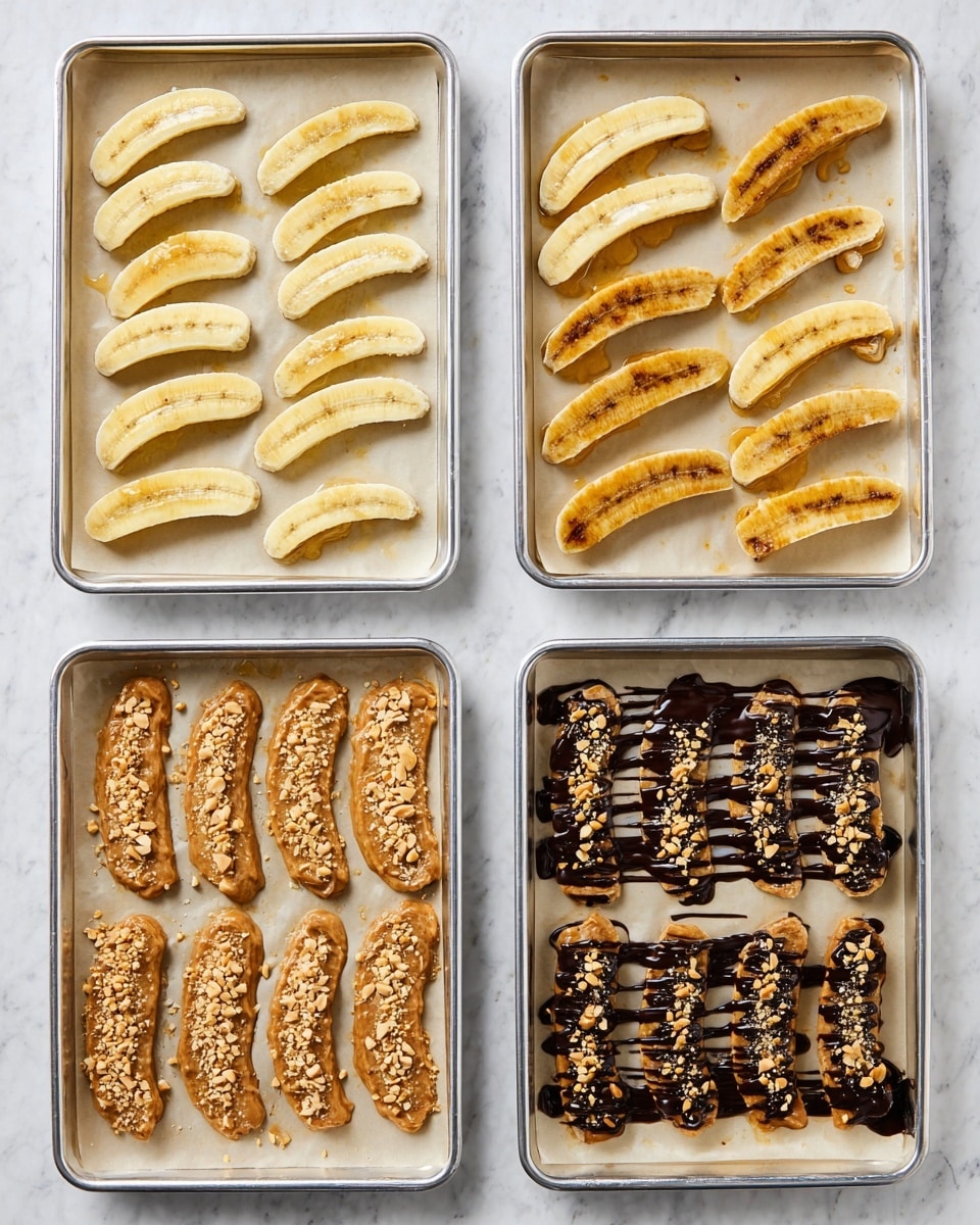 The image shows four metal baking trays with parchment paper, each tray holds eight banana slices arranged in two columns and four rows. The top left tray has pale yellow, fresh banana slices. The top right tray shows the banana slices turned golden brown, looking cooked or baked. The bottom left tray holds banana slices spread with a smooth layer of peanut butter and sprinkled with chopped peanuts. The bottom right tray shows the peanut butter banana slices drizzled with dark melted chocolate and topped with some more crushed peanuts. The trays are placed on a white marbled surface. Photo taken with an iphone --ar 4:5 --v 7
