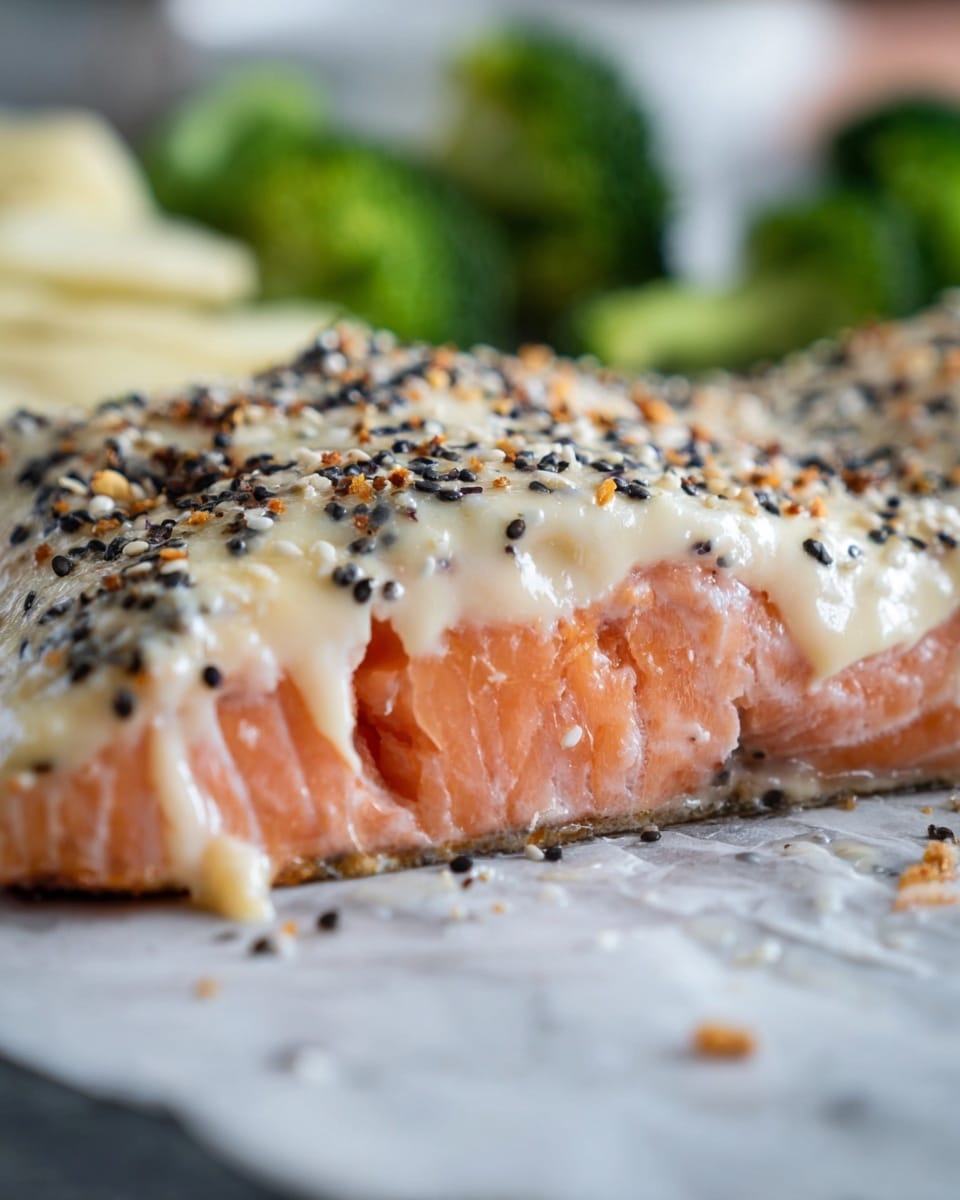 The image shows a close-up of a cooked salmon fillet resting on a white marbled surface. The salmon has two visible layers: a pink-orange flesh with a moist, flaky texture underneath, and a creamy white sauce layer on top. This sauce is covered with a mixture of black sesame seeds, white sesame seeds, and small crunchy bits that add texture and color contrast. In the background, a hint of green broccoli and some light-colored slices of ginger or root vegetable can be seen, slightly out of focus. The overall scene is bright and well-lit, emphasizing the textures and colors of the salmon and toppings photo taken with an iphone --ar 4:5 --v 7