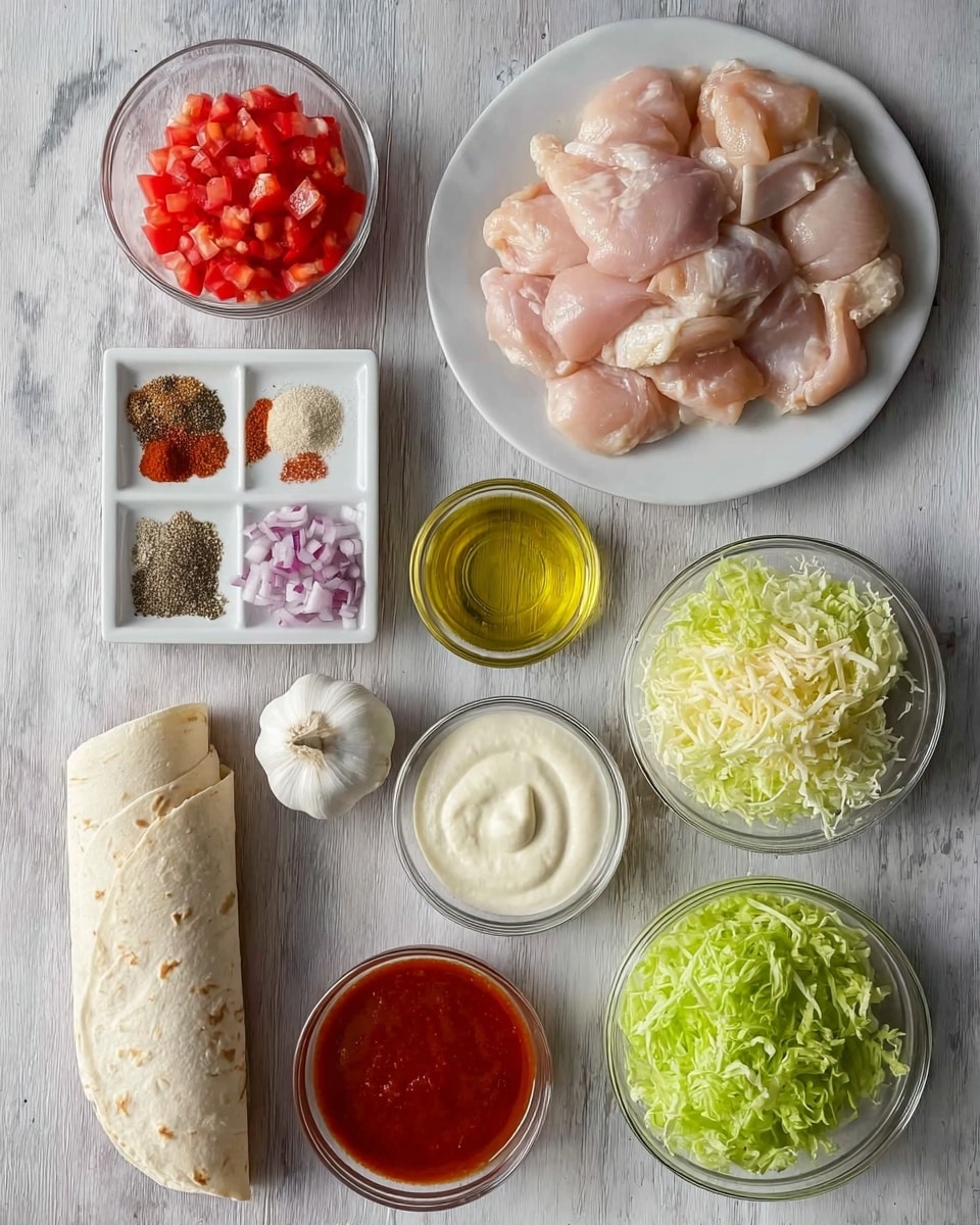 The image shows an overhead view of ingredients neatly arranged on a white marbled surface. On the top right, there is a white plate filled with several raw chicken pieces, stacked cleanly. To the left, a small white dish holds four colorful spices in separate piles: black pepper, red chili powder, salt, and a beige spice. Below it, a small glass bowl contains diced red tomatoes. Next to it, a small clear bowl holds golden oil. In the center, there is a whole garlic bulb. Below the garlic, three clear bowls are lined up from left to right: one with creamy white mayo, one with shredded white cheese, and one filled with bright green shredded lettuce. To the far left, there is a single rolled white flatbread. Below the flatbread, a small glass bowl contains red sauce, and beside it a small bowl has finely chopped red onions. The overall layout is clean and colorful, with different textures like soft meat, smooth sauces, fresh vegetables, and coarse spices clearly visible. photo taken with an iphone --ar 4:5 --v 7