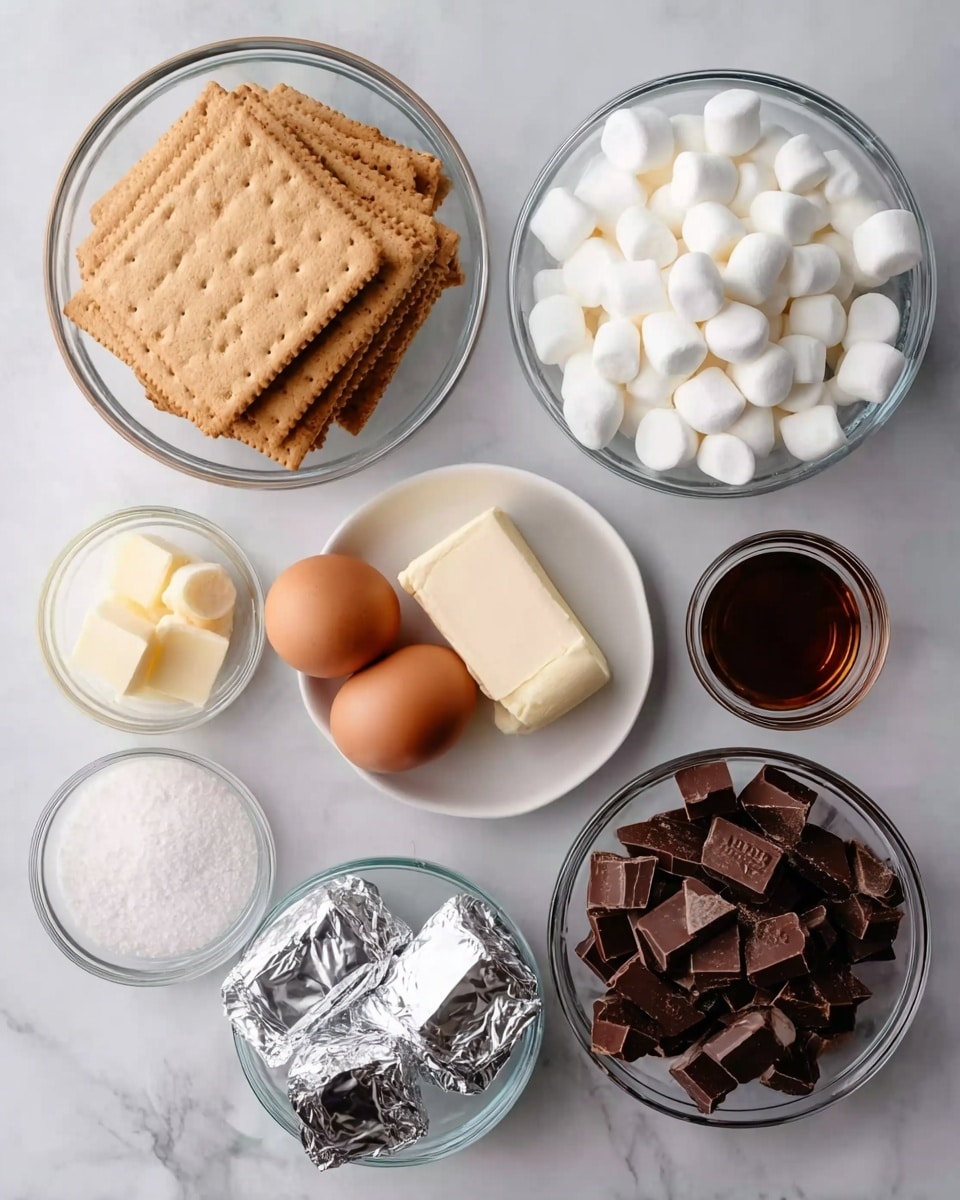 The image shows a top view of ingredients on a white marbled surface, including a clear glass bowl filled with stacked light brown square crackers, a white bowl with many small white marshmallows, three brown eggs, a small glass container with dark brown liquid, a stick of pale yellow butter, a clear glass bowl full of white sugar, three silver foil-wrapped blocks, and a separate clear glass bowl filled with dark brown chocolate chunks. photo taken with an iphone --ar 4:5 --v 7