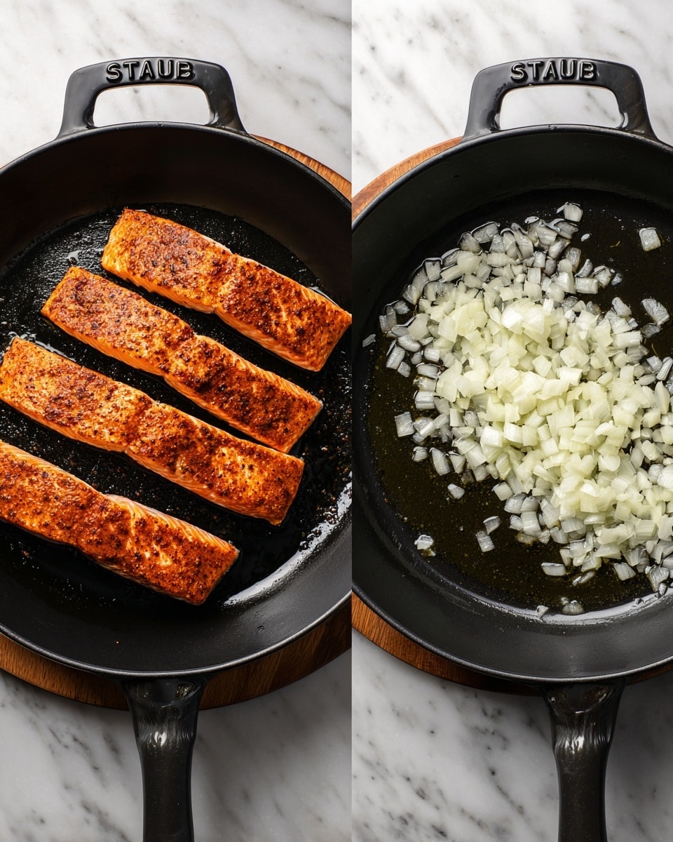 The image shows two black round pans on a white marbled surface. The left pan contains four salmon fillets placed side by side in a single layer, each fillet is browned with a spiced, slightly crispy surface and a deep orange color with some darker grill marks. The right pan holds a single layer of finely chopped white onions spread evenly across the pan, with small pools of oil seen beneath the onions, creating a slight shine. Both pans have the word