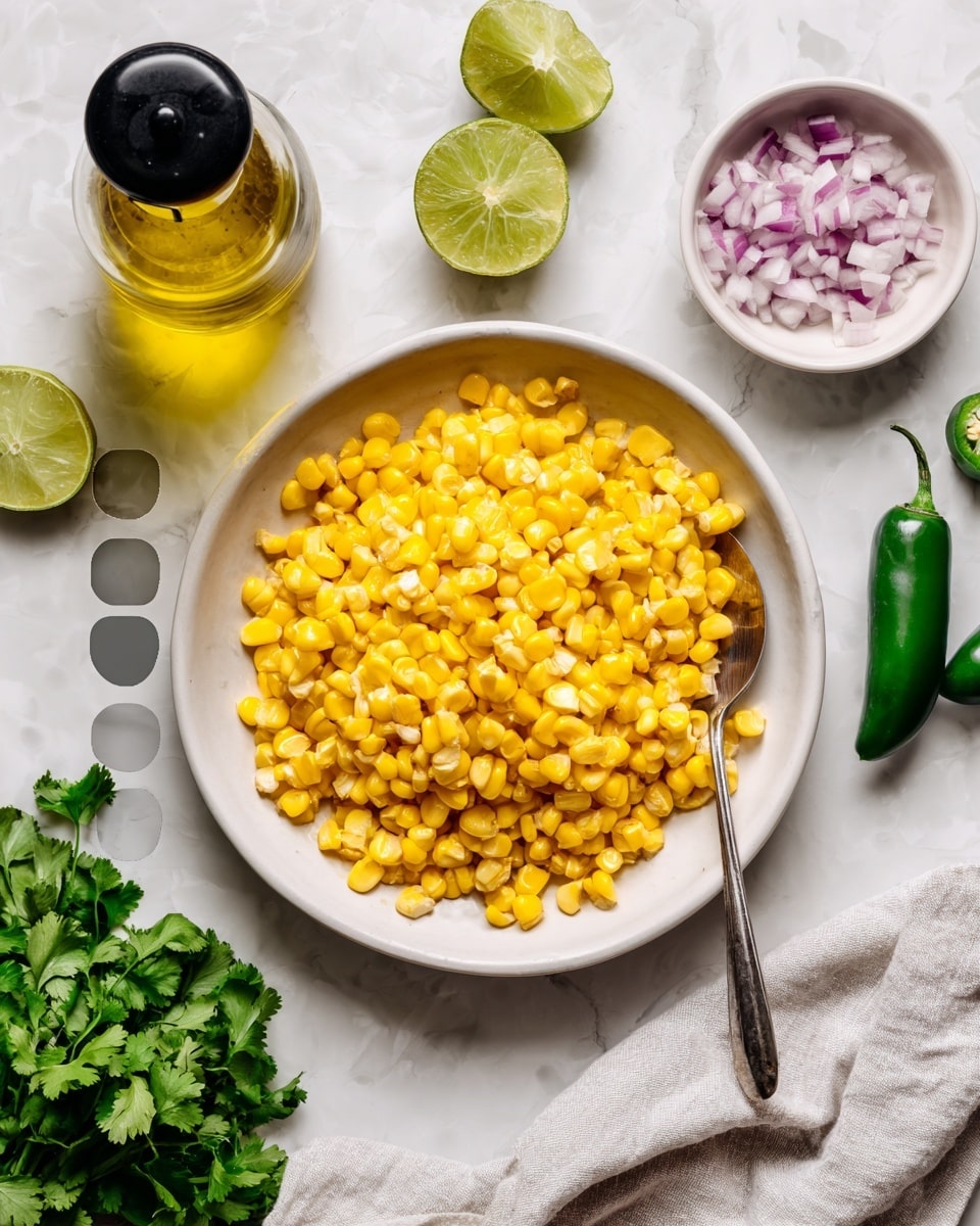 A white plate filled with bright yellow cooked corn kernels sits in the center. A silver spoon rests inside the plate, partially buried in the corn. Around the plate, there is a clear bottle of olive oil with a black top on the white marbled surface. Nearby, a small white bowl holds finely chopped red onions. Two halves of a cut lime are close by, showing their light green interior. A light gray cloth is casually placed near the bottom right. Around the plate and items are whole green jalapeño peppers and a bunch of fresh cilantro. Photo taken with an iphone --ar 4:5 --v 7