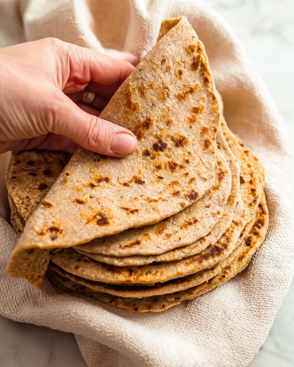 A stack of around seven toasted flatbreads with golden brown spots is placed on a wooden board, partially covered by a white cloth with a soft texture. Behind the flatbreads, there is a halved avocado with a dark green rough skin, bright light green flesh, and a large brown seed in one half. To the left, a white bowl with uneven edges holds small, round cherry tomatoes in shades of red and orange. A white bowl filled with green leafy lettuce is also visible in the background. The whole scene is set on a white marbled surface photo taken with an iphone --ar 4:5 --v 7