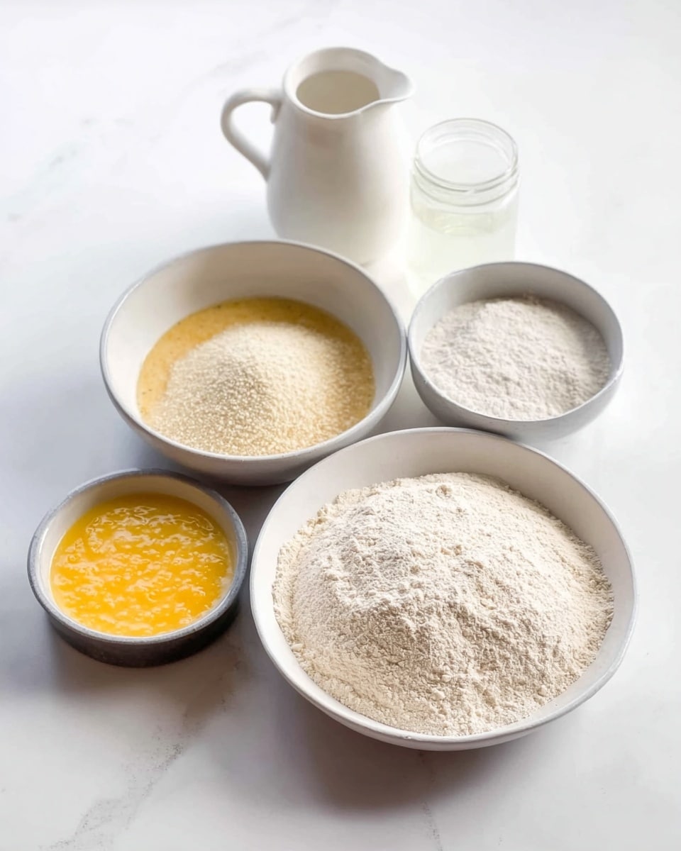 The image shows five bowls arranged on a white marbled surface. The largest white bowl in front holds a fine layer of light beige flour, spread evenly. Behind it to the left is a medium white bowl with a mix of dry yeast and sugar, separated into two halves. To the right of this is a small white bowl filled with dry yeast powder. In front and to the right is a medium white bowl with a smooth layer of beaten eggs, bright yellow with some bubbles. Behind all the bowls is a small white pitcher filled with a light liquid and a clear glass jar with a pale liquid inside. photo taken with an iphone --ar 4:5 --v 7