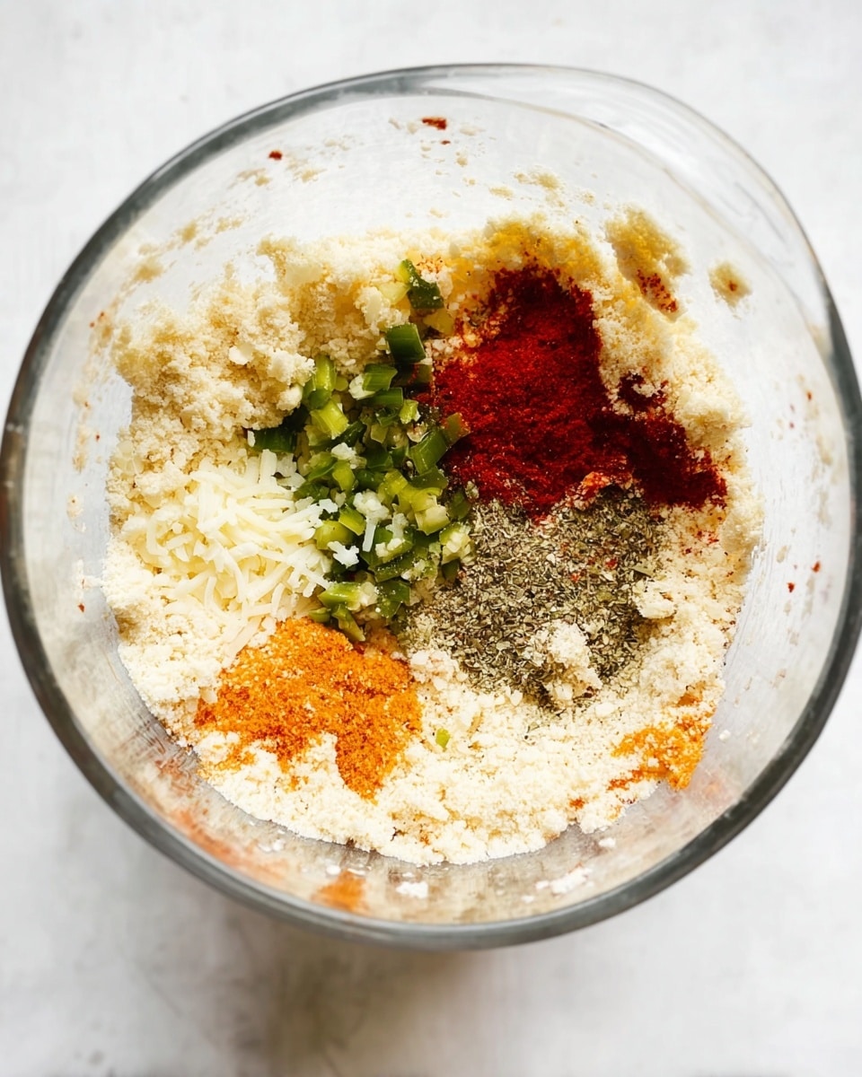 A clear glass bowl holds a mix of ingredients layered by color and texture: off-white chickpea flour forming the base spread unevenly around the container, small pieces of bright green chopped jalapeño scattered on top in one section, finely shredded pale white cheese adding a soft texture nearby, deep red chili powder sprinkled boldly in one spot, bright orange turmeric dusted softly beside it, and ground black pepper spread densely covering a larger area. All is set on a white marbled surface. Photo taken with an iphone --ar 4:5 --v 7