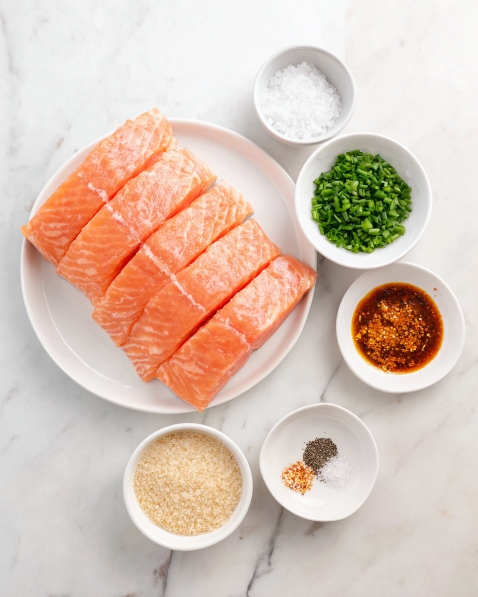 The image shows five slices of fresh, light pink salmon laid side by side on a white round plate, placed on a white marbled surface. To the right of the salmon is a small white bowl filled with finely chopped green herbs. Below the salmon, there are four small white bowls: one has a mix of light beige, brown, and black powders; another holds coarse white grains; another contains a reddish-brown sauce with visible spices; and the last one has a small amount of white crystals. All the items are arranged neatly, giving a clear view of each component. Photo taken with an iphone --ar 4:5 --v 7