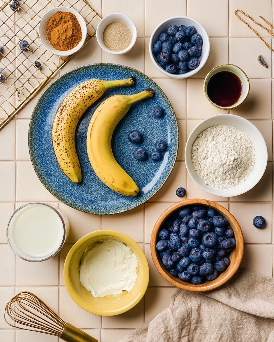 The image shows various baking ingredients placed on a white marbled surface with beige tiles. In the center left, there is a blue speckled plate holding two ripe bananas, one slightly spotted. Around it, starting from top left, a white bowl filled with fresh blueberries is placed, with a few loose blueberries scattered nearby. To the right of the bananas, there are two small white bowls, one with a dark liquid (likely vanilla extract) and the other with cinnamon and white powder side by side. Below those, there is a wooden bowl containing a creamy white mixture. Further down, a white bowl holds a light flour or powder. At the bottom left, a small glass cup filled with milk sits, and next to it, a yellow bowl packed with blueberries. In the bottom right corner, a beige cloth lies next to a brass whisk with a wooden handle. A cooling rack is partially visible on the left side. The arrangement is neat, and the colors are soft and natural, designed to showcase the ingredients clearly. Photo taken with an iphone --ar 4:5 --v 7