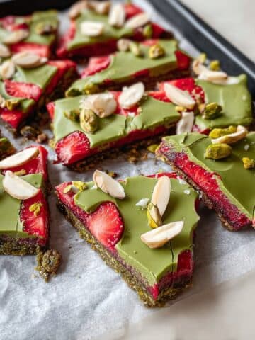 Strawberry Matcha Almond Bark with Pistachios and Sliced Almonds Recipe