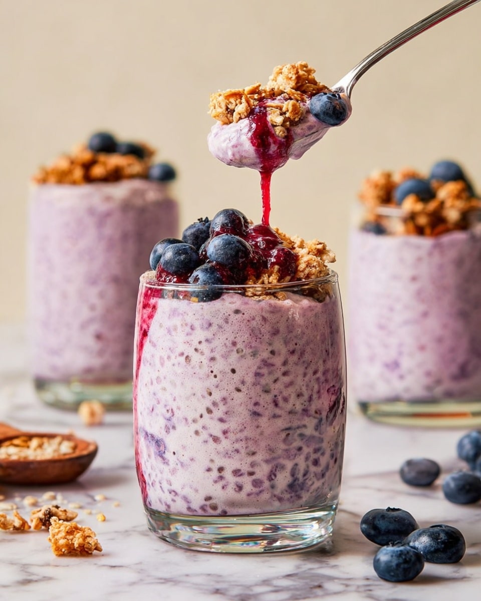 The image shows three clear glasses filled with a creamy purple mixture that looks like blueberry chia pudding. The pudding has visible small seeds and blueberry bits mixed inside. On top of each glass is a layer of white cream, fresh whole blueberries, a red berry sauce drizzle, and some crunchy golden granola sprinkled over. The glasses are placed on a light beige surface with scattered blueberries and granola around, along with a silver spoon and two white bowls—one filled with red berry sauce and the other with granola. The background is a smooth white marbled texture. photo taken with an iphone --ar 4:5 --v 7