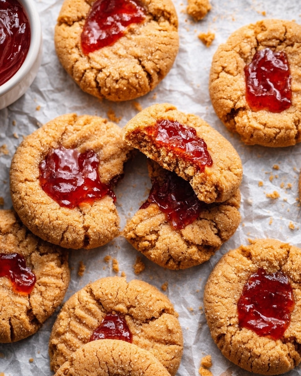 The image shows several round peanut butter cookies with a rough, crumbly texture and golden brown color. Each cookie has a shiny red jam spread in the center, giving a contrast between the soft jam and crumbly cookie layers. One cookie in the middle is partly bitten, revealing a thick, soft inside with jam on top. The cookies rest closely on crumpled parchment paper, with scattered cookie crumbs around them. A small white bowl with red jam is partly visible in the top-left corner. The setting has a white marbled texture surface. Photo taken with an iphone --ar 4:5 --v 7