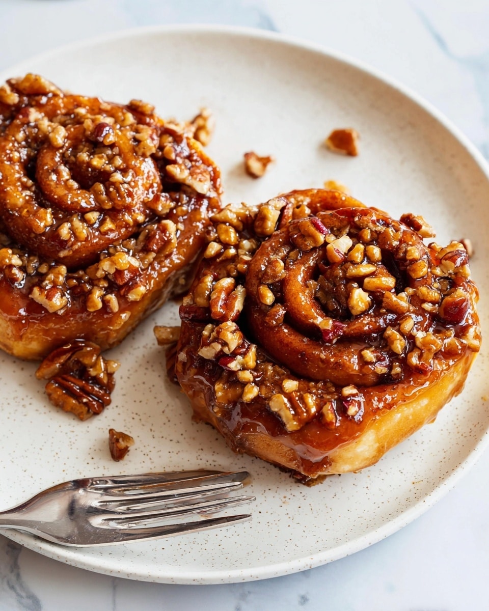 Two sticky cinnamon rolls are placed on a white plate with a speckled texture. Each roll has a golden-brown spiral shape with a thick layer of glossy caramel glaze on top. The glaze is heavily covered with chopped pecans, which add a crunchy and textured look with their light brown and reddish tones. The tops of the rolls look shiny and moist, contrasting with the soft, fluffy dough beneath. The plate is set on a white marbled surface. A metal fork is partially visible in the lower part of the image. Photo taken with an iphone --ar 4:5 --v 7