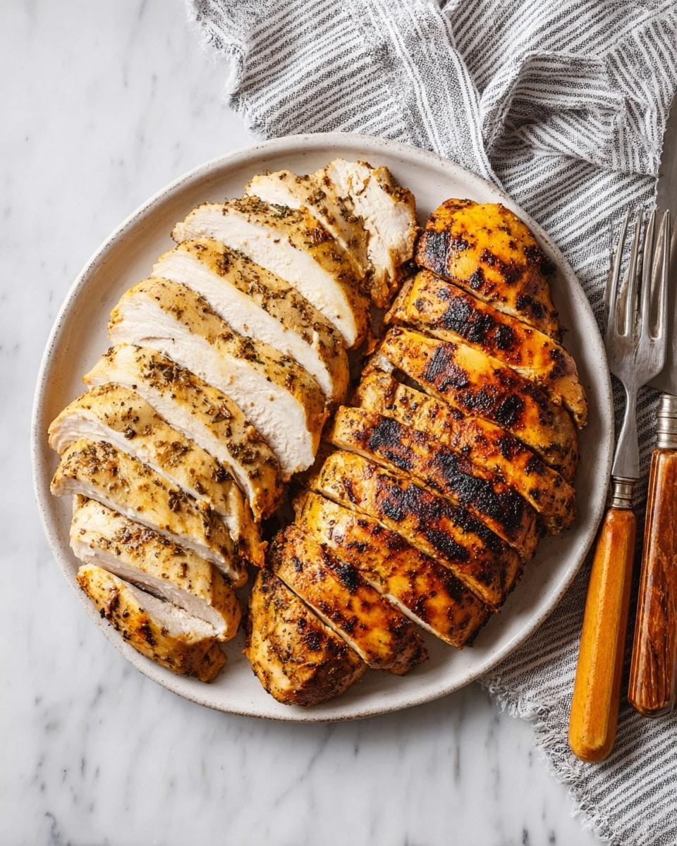 The image shows a white round plate with two rows of sliced grilled chicken placed side by side. The left row has seven thick slices of chicken with a light golden brown color and visible black grill marks, showing a cooked, tender inside. The right row has eight slices of darker, more charred chicken pieces with a richer brown and slightly orange tone, suggesting a stronger seasoning or cooking style. The plate is on a white marbled surface and to the right, a knife and fork with wooden handles rest on a striped grey and white cloth. photo taken with an iphone --ar 4:5 --v 7
