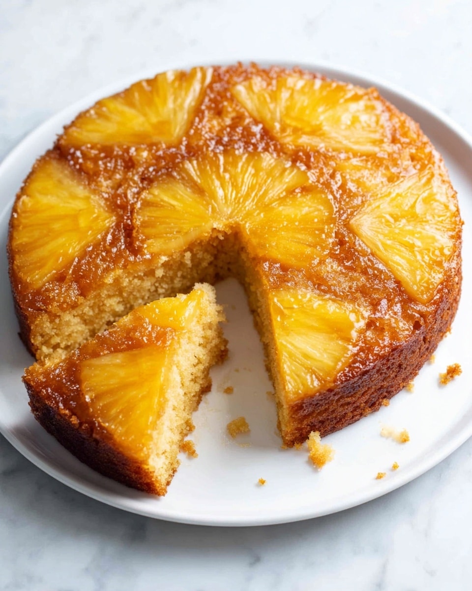 A round pineapple upside-down cake sits on a white plate on a white marbled surface. The cake has one visible layer with a golden-brown color and a moist texture. On top, there are triangular pineapple pieces arranged in a circle, with some parts showing a glossy, caramelized finish. A wedge-shaped slice is removed, revealing a light yellow, soft, and spongy inside. Small crumbs are scattered near the cut area, adding texture to the scene. photo taken with an iphone --ar 4:5 --v 7