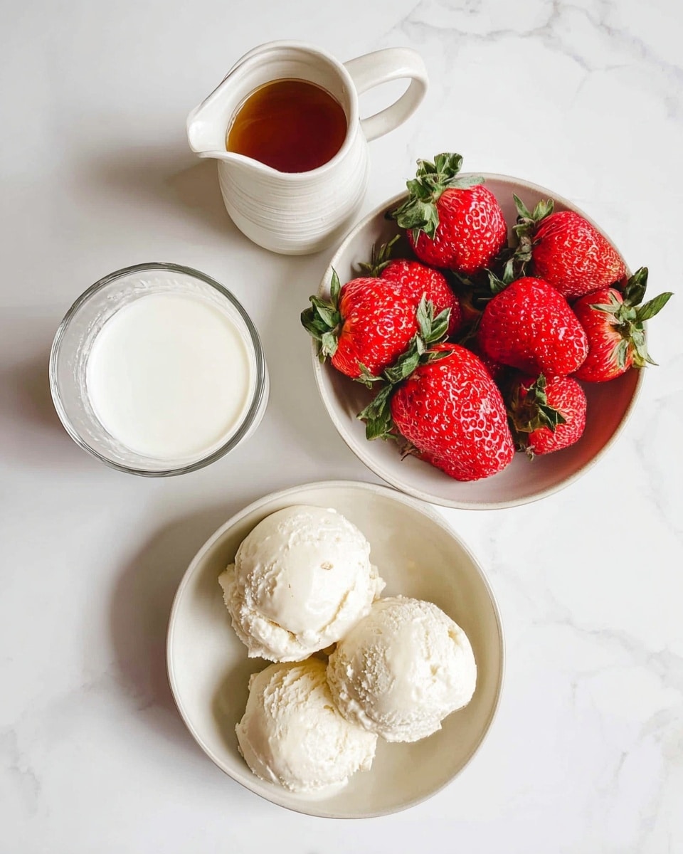 The image shows four scoops of white vanilla ice cream with a creamy texture placed in a round white bowl at the bottom right. Above it, there is another round white bowl filled with bright red strawberries with green leaves still attached, arranged closely together. To the left of the strawberry bowl, there is a clear glass cup filled with white milk, showing a smooth liquid surface. Above the glass cup, there is a small white ceramic pitcher with a handle, containing a brown syrupy liquid. All items are placed on a white marbled surface, bright and clean, with soft natural lighting giving a fresh and inviting look. photo taken with an iphone --ar 4:5 --v 7