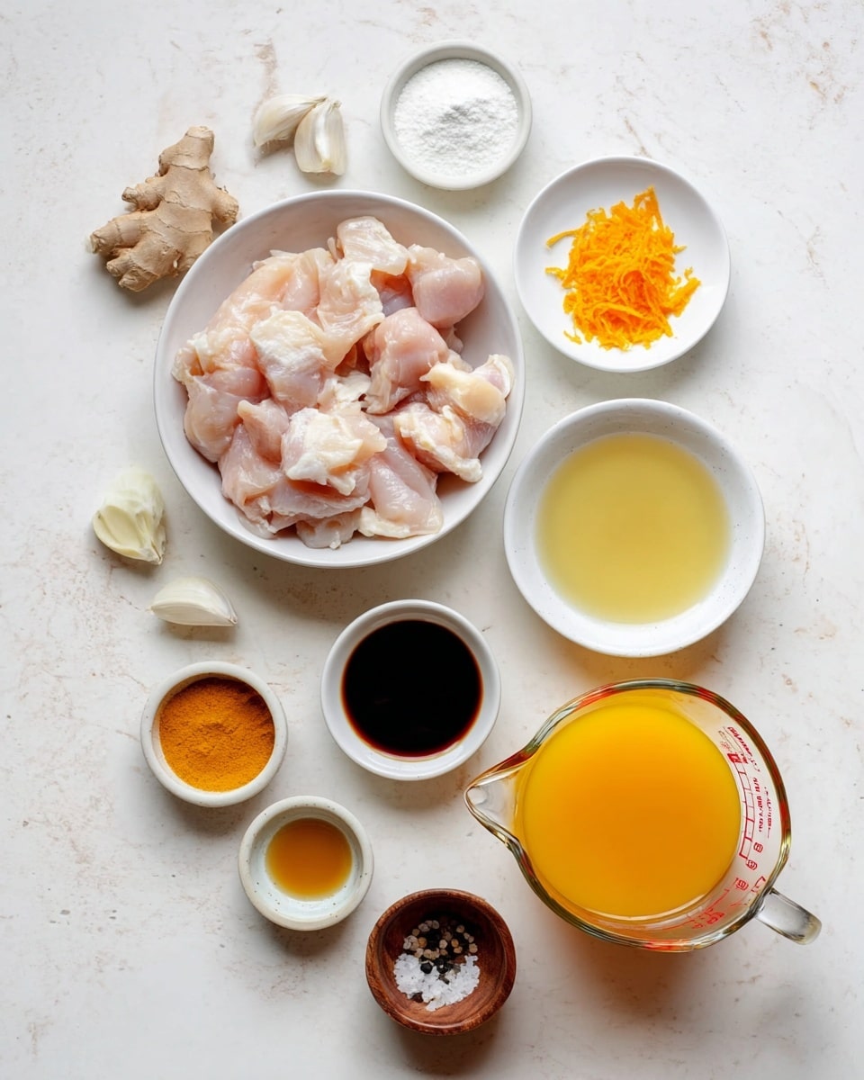 The image shows a top view of various ingredients neatly arranged on a white marbled surface. In the center, there is a white bowl filled with raw, pale pink chicken pieces. Around the bowl, several small white dishes and cups hold different liquids and powders: a small white bowl with white powder, a small white cup with an orange zest, and other cups containing dark brown, light yellow, and clear golden liquids. There is a clear glass measuring cup filled with bright orange juice on the right side. Also included are a wooden bowl with white salt and black pepper mix, a small piece of ginger, and two garlic cloves placed on the left. The layout is clean and organized, with the colors mostly in soft neutral tones with pops of bright orange and yellow. Photo taken with an iphone --ar 4:5 --v 7
