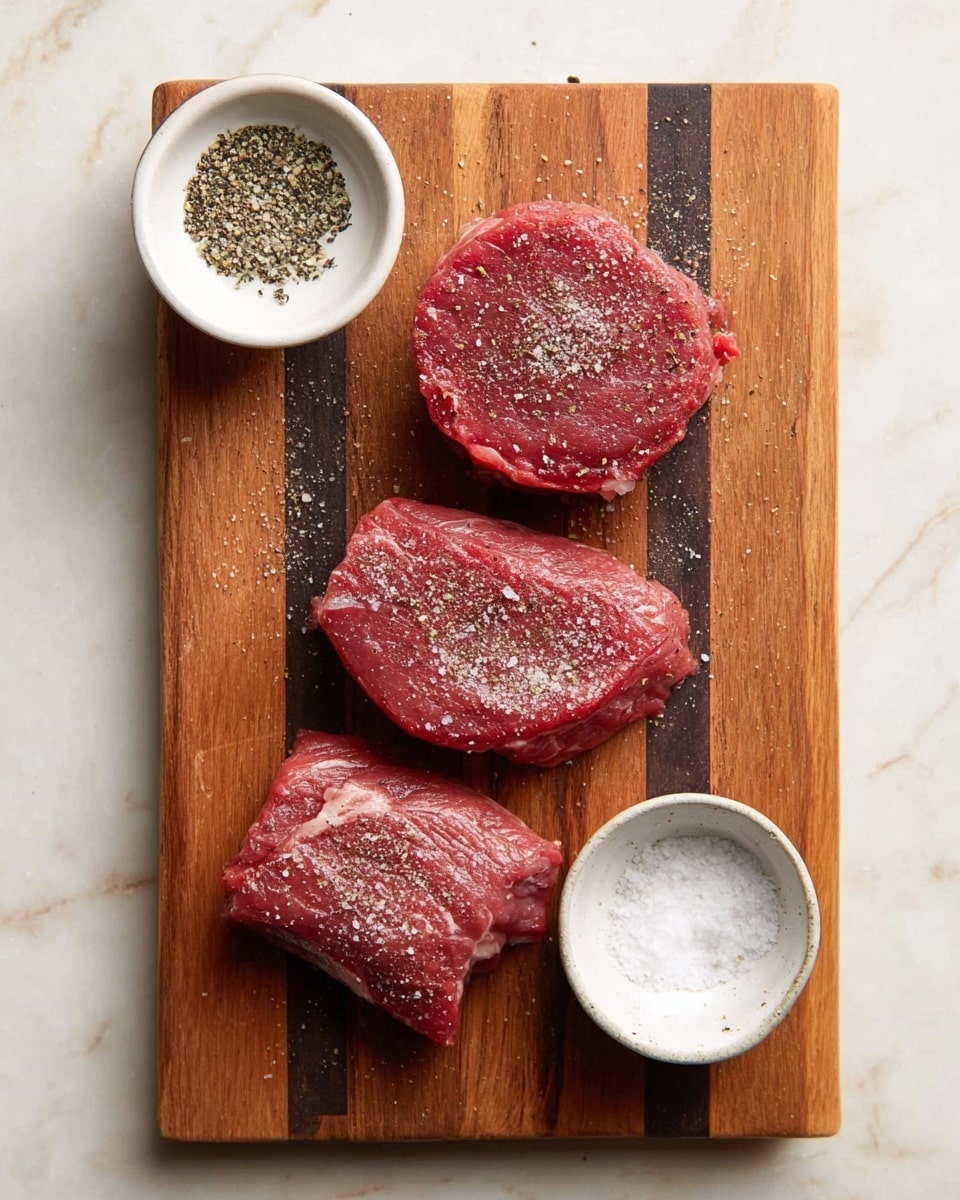 The image shows three pieces of raw red meat seasoned with coarse salt and black pepper, placed on a wooden cutting board with dark brown stripes running vertically. The top piece is a thicker, rounder cut, while the two below are thinner and more oval-shaped. To the left of the meat is a small white bowl with black pepper, and at the bottom right corner of the board is another small white bowl containing white salt. The whole setup is on a white marbled surface. photo taken with an iphone --ar 4:5 --v 7