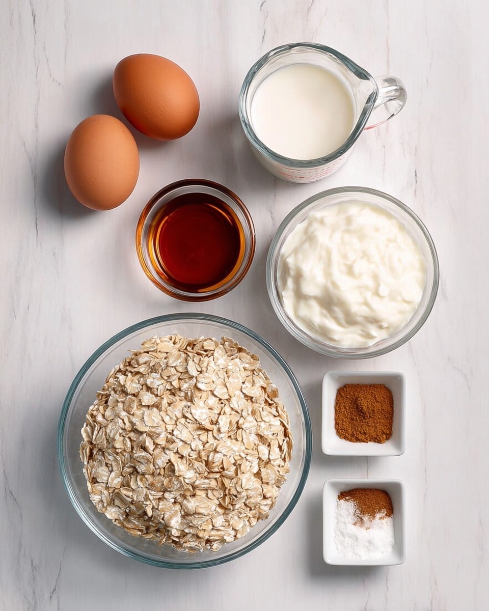 The image shows a flat lay of several clear glass bowls and small white dish filled with different ingredients arranged on a white marbled surface. At the bottom center is a large bowl full of beige rolled oats with rough texture. Above and to the right is a medium bowl with smooth, thick white yogurt. To the top right is a clear measuring cup filled with a creamy white liquid. Above center are two small glass bowls, one with dark brown vanilla extract and one with golden maple syrup, both shiny and smooth. To the left are two brown eggs with smooth shells, and below them is a small white dish holding white baking powder and brown ground cinnamon, the two powders side by side with soft texture. The photo gives a clear view from above with soft light and minimal shadows, photo taken with an iphone --ar 4:5 --v 7
