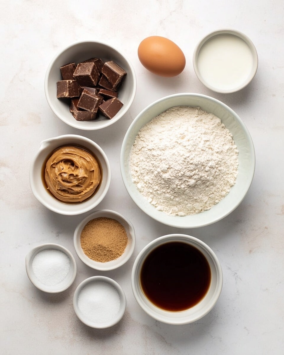 This image shows eight white bowls and dishes with different ingredients arranged on a white marbled surface. At the top right, there is a white bowl holding a single brown egg. Below that is a larger white bowl filled with a fine white powder, likely flour. To the left of the flour bowl, there is a white bowl with milk chocolate chunks. Above the chocolate is a bowl with smooth peanut butter. Below the peanut butter bowl is a small white bowl with light brown sugar. To the right of the sugar bowl, there is a white bowl with a dark brown liquid that looks like syrup or molasses. Near the bottom right, a small white bowl contains white granulated sugar. Lastly, at the top left, there is a small white bowl with a white liquid that may be water or milk. All items sit neatly spaced to show each ingredient clearly. photo taken with an iphone --ar 4:5 --v 7
