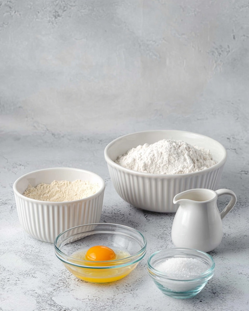 The image shows four bowls arranged on a white marbled surface. There is a white ribbed bowl in the back filled with white powder, likely flour. To its left, there is another white ribbed bowl containing flour mixed with a small amount of a beige powder. In front of these, there are two clear glass bowls: one holds a raw egg yolk and egg white, and the other one is filled with a white granulated substance, probably sugar. A small white ceramic pitcher is placed near the two glass bowls. The background is light gray with a soft texture. Photo taken with an iphone --ar 4:5 --v 7