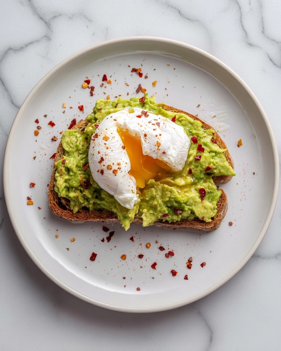 A single piece of toasted bread sits in the center of a white plate on a white marbled surface, with a thick, uneven layer of bright green mashed avocado spread over it, showing some texture and small chunks. On top of the avocado, there is a smooth, white poached egg with a small, fresh cut revealing bright golden yolk slowly oozing out. Around the toast and on the plate, small red chili flakes are sprinkled unevenly, adding a pop of red color. The photo taken with an iphone --ar 4:5 --v 7