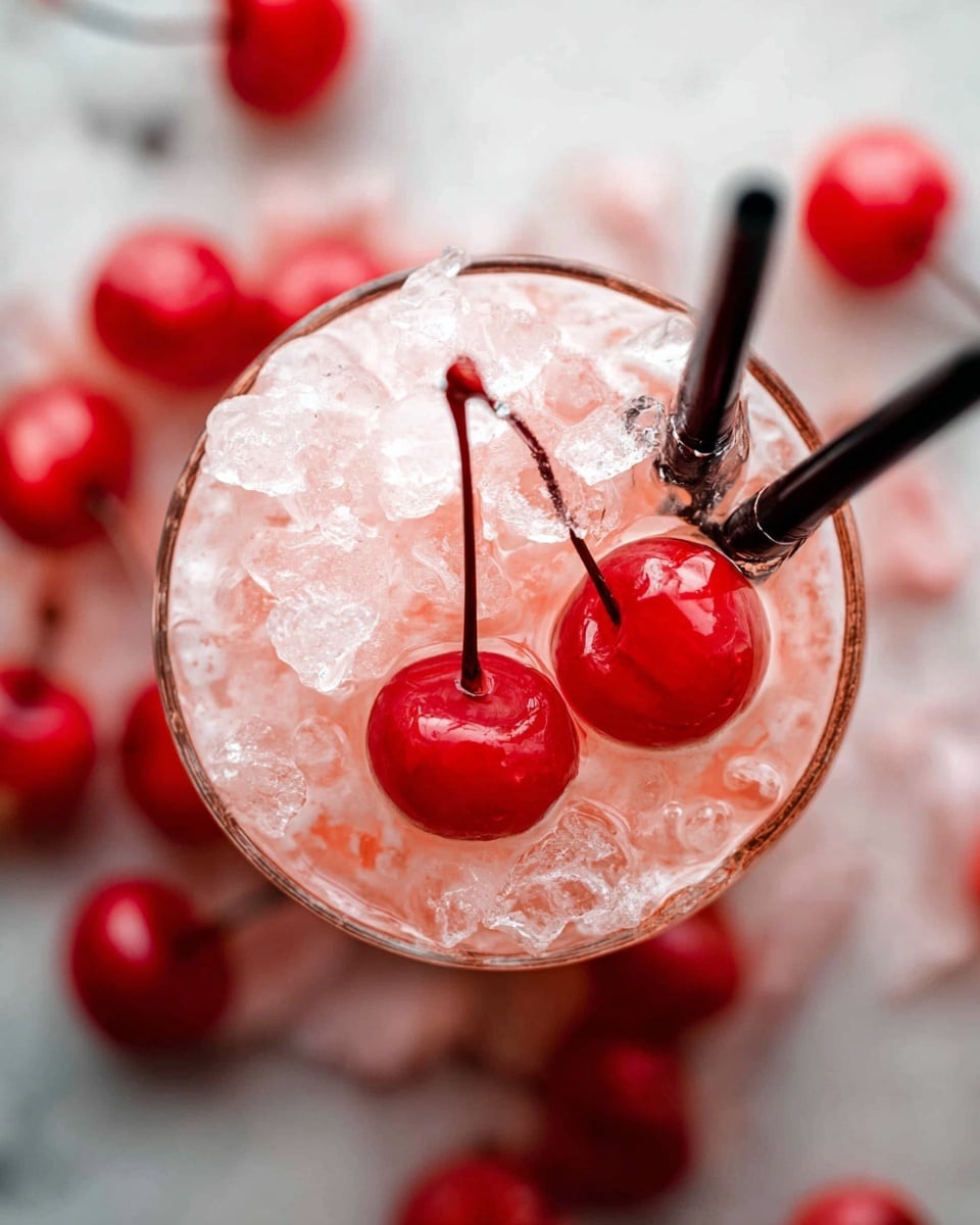 A close-up top view of a cold drink in a clear glass filled with a creamy, light pink liquid with crushed ice on top, showing white and soft pink swirls mixed in. Two bright red cherries with stems sit on the surface as garnish, slightly sunk into the ice. Two black straws are inserted on the right side of the glass. The background shows more red cherries scattered on a white marbled surface. photo taken with an iphone --ar 4:5 --v 7
