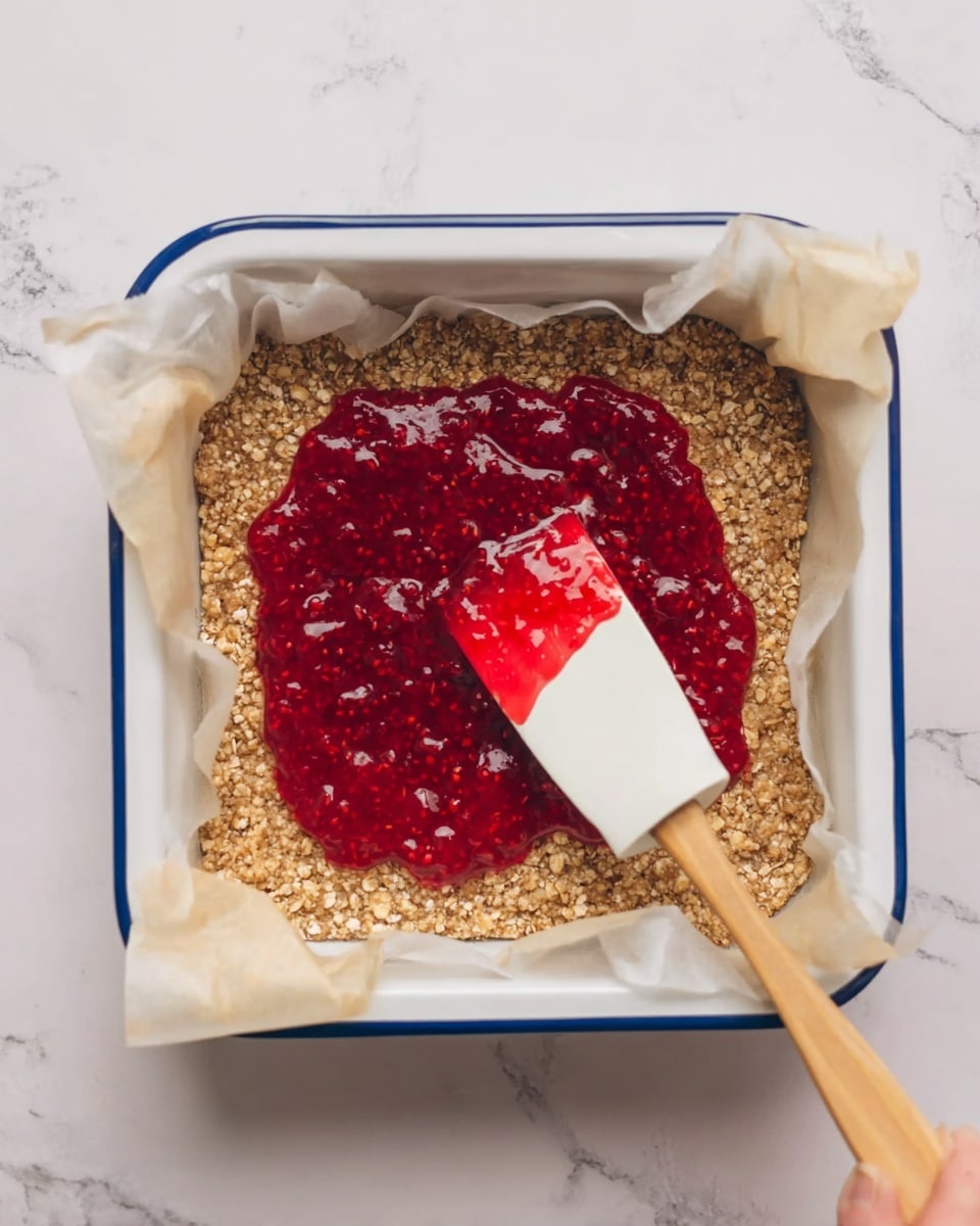 The image shows a square white baking dish with a blue rim, lined with parchment paper. Inside the dish, there is a thick bottom layer made of a crumbly oat mixture that is pale brown and textured with visible oats. On top of this layer, bright red jam with a slightly lumpy texture is being spread evenly using a white and red spatula with a wooden handle, held by a woman's hand. The baking dish is placed on a white marbled surface. photo taken with an iphone --ar 4:5 --v 7
