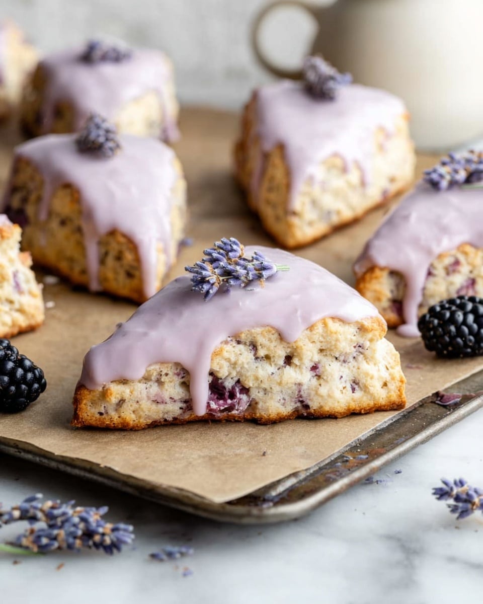 A tray holds eight triangular scones arranged in a circle on brown parchment paper. Each scone has a light golden-brown crust with some darker spots and a thick layer of pale purple glaze on top, decorated with small lavender flower petals. Scattered around the tray are fresh blackberries, dark purple and shiny. At the bottom left corner of the image, there is a small white bowl filled with more lavender petals. The background is a white marbled surface, and delicate lavender sprigs are placed on the top right of the tray. photo taken with an iphone --ar 4:5 --v 7