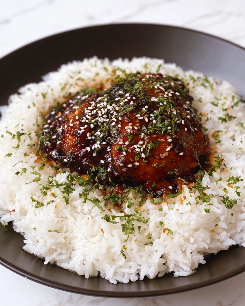 A round white plate holding a bed of fluffy white rice with small bits of green herbs scattered throughout. On top of the rice sits a single piece of dark brown glazed chicken with a shiny, sticky texture. The chicken is sprinkled with white sesame seeds and finely chopped green herbs. The background is a white marbled texture. photo taken with an iphone --ar 4:5 --v 7