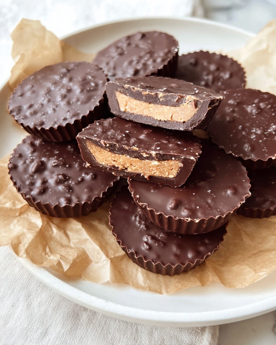 A white plate holds eight round chocolate cups with a textured surface that looks slightly bumpy and shiny. The chocolates have a ridged edge like a cupcake liner, and one chocolate cup is cut in half, placed on top of the others, showing three layers: a smooth dark chocolate outer layer, a middle layer with small crunchy bits mixed in, and a light tan creamy filling in the center. The chocolates rest on a crumpled piece of light brown parchment paper, all set on a white marbled surface. Photo taken with an iphone --ar 4:5 --v 7